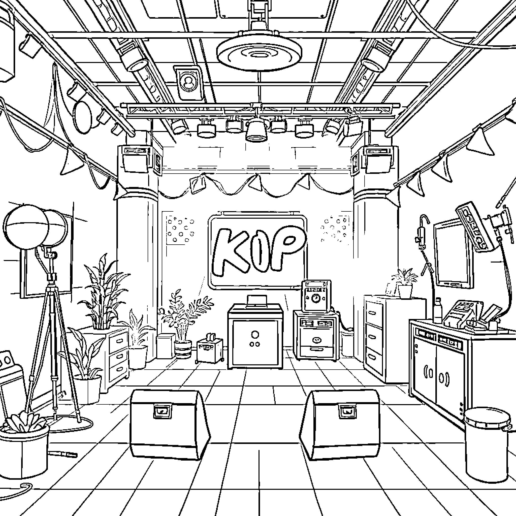 K Pop Music Studio with Equipment and Decor Coloring Page (free black-and-white line drawing printable PDF for all, from beginners to advanced learners, including children, teens, adults, and seniors)
