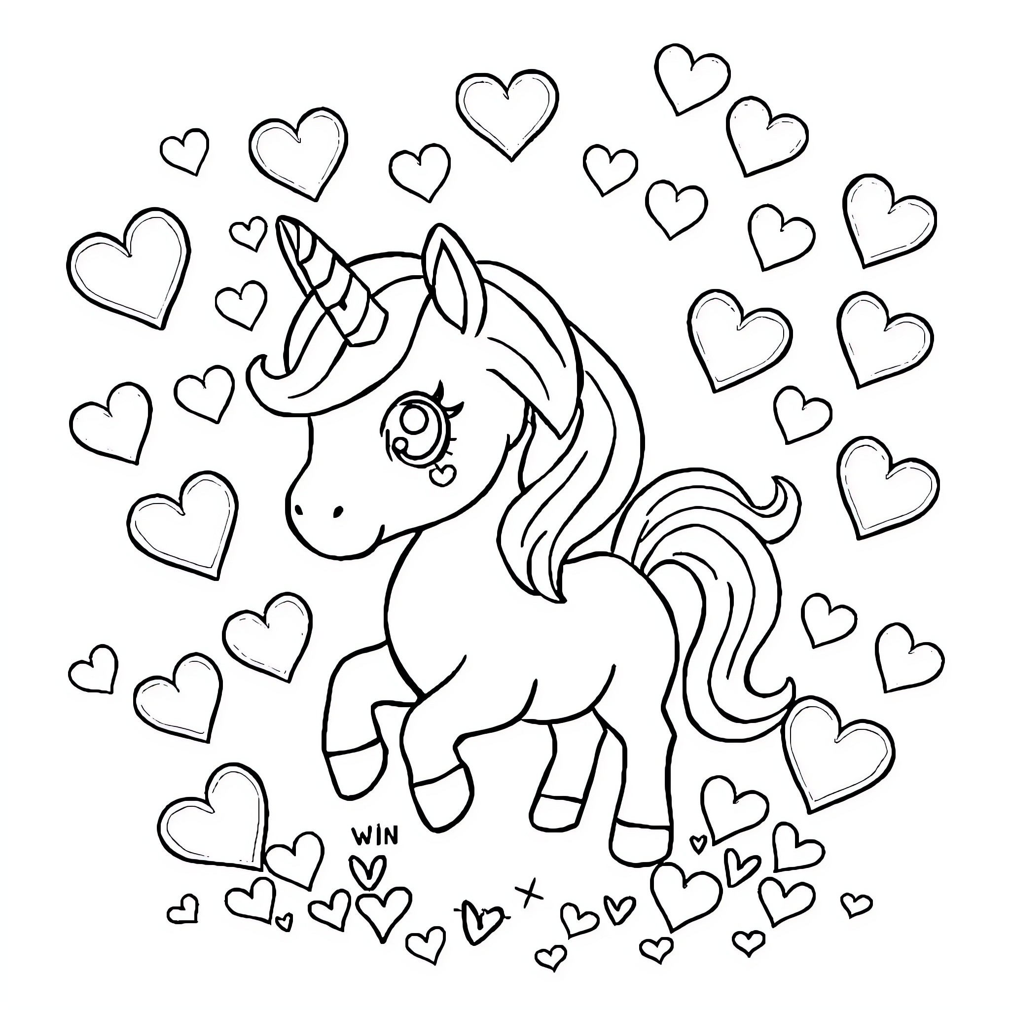 Unicorn surrounded by whimsical hearts Coloring Page (free black-and-white line drawing printable PDF for all, from beginners to advanced learners, including children, teens, adults, and seniors)
