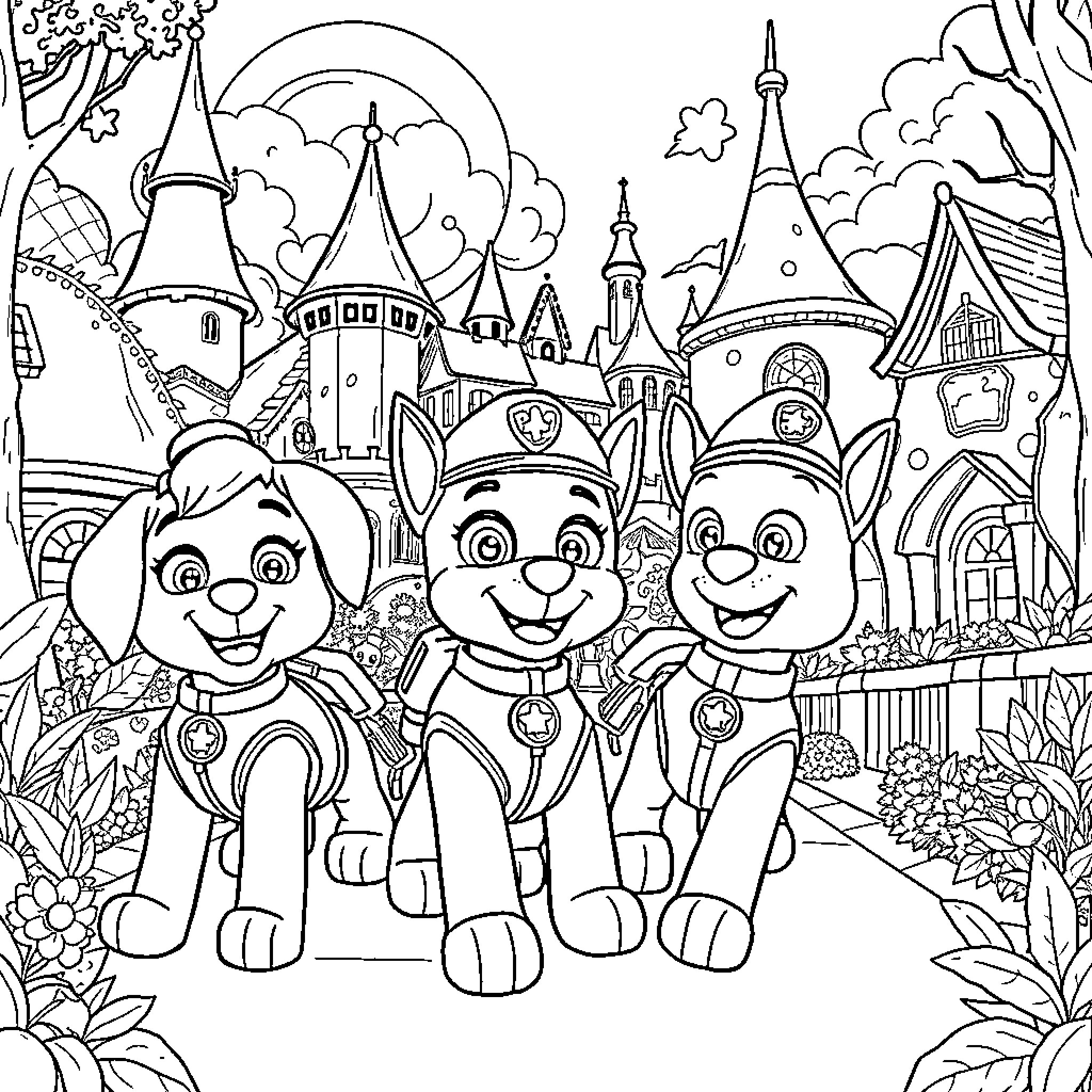 Paw Patrol exploring the whimsical fantasy castle Coloring Page (free black-and-white line drawing printable PDF for all, from beginners to advanced learners, including children, teens, adults, and seniors)