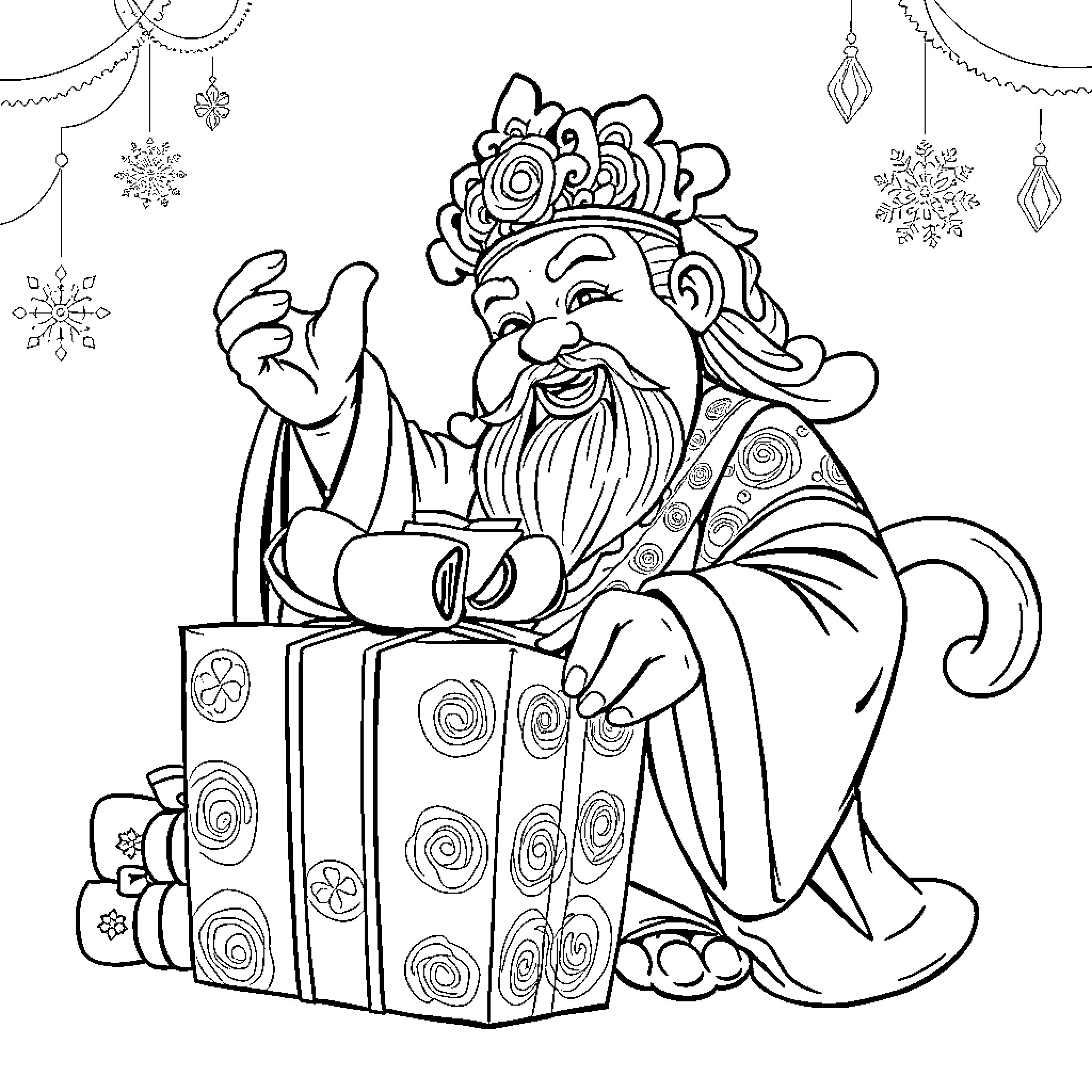 Caishen the God of Wealth Bringing Prosperity Coloring Page (free black-and-white line drawing printable PDF for all, from beginners to advanced learners, including children, teens, adults, and seniors)