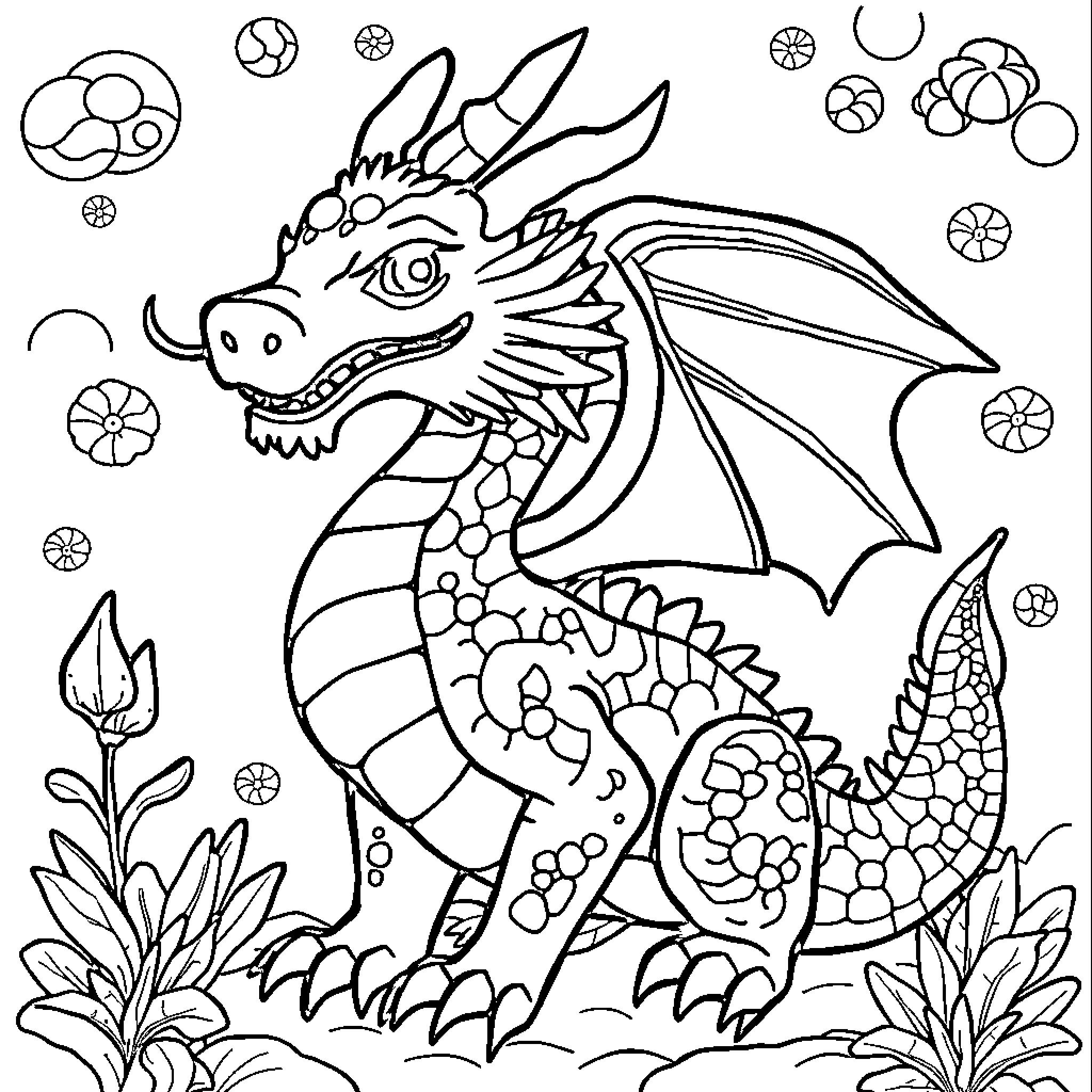 Dragon guarding magical gems in enchanted forest Coloring Page (free black-and-white line drawing printable PDF for all, from beginners to advanced learners, including children, teens, adults, and seniors)