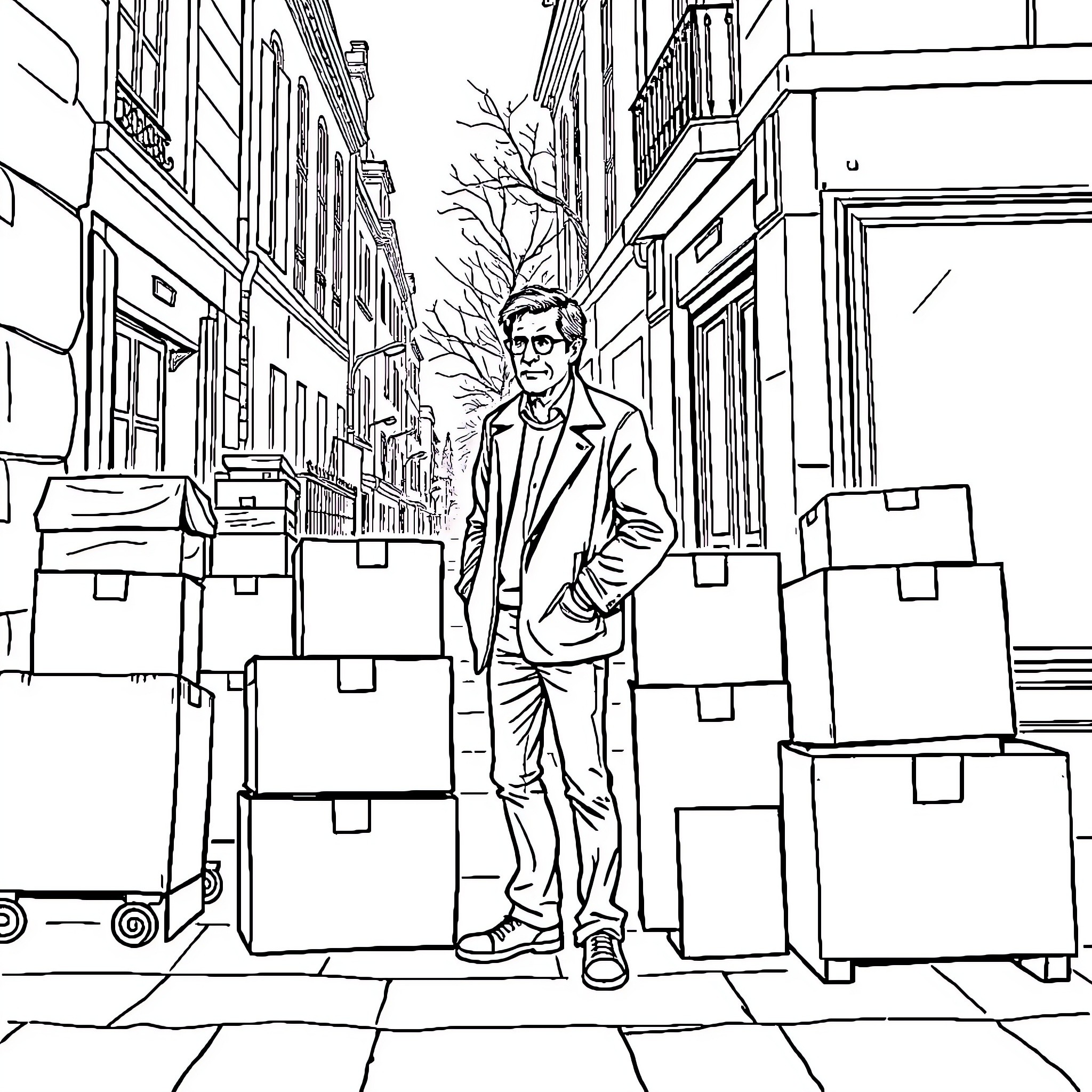 François Bayrou standing among moving boxes in the city Coloring Page (free black-and-white line drawing printable PDF for all, from beginners to advanced learners, including children, teens, adults, and seniors)