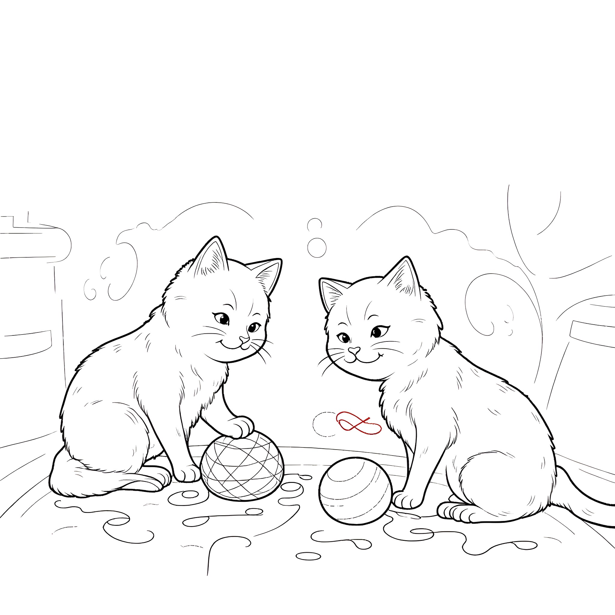 Cats playing with toys in the room Coloring Page (free black-and-white line drawing printable PDF for all, from beginners to advanced learners, including children, teens, adults, and seniors)