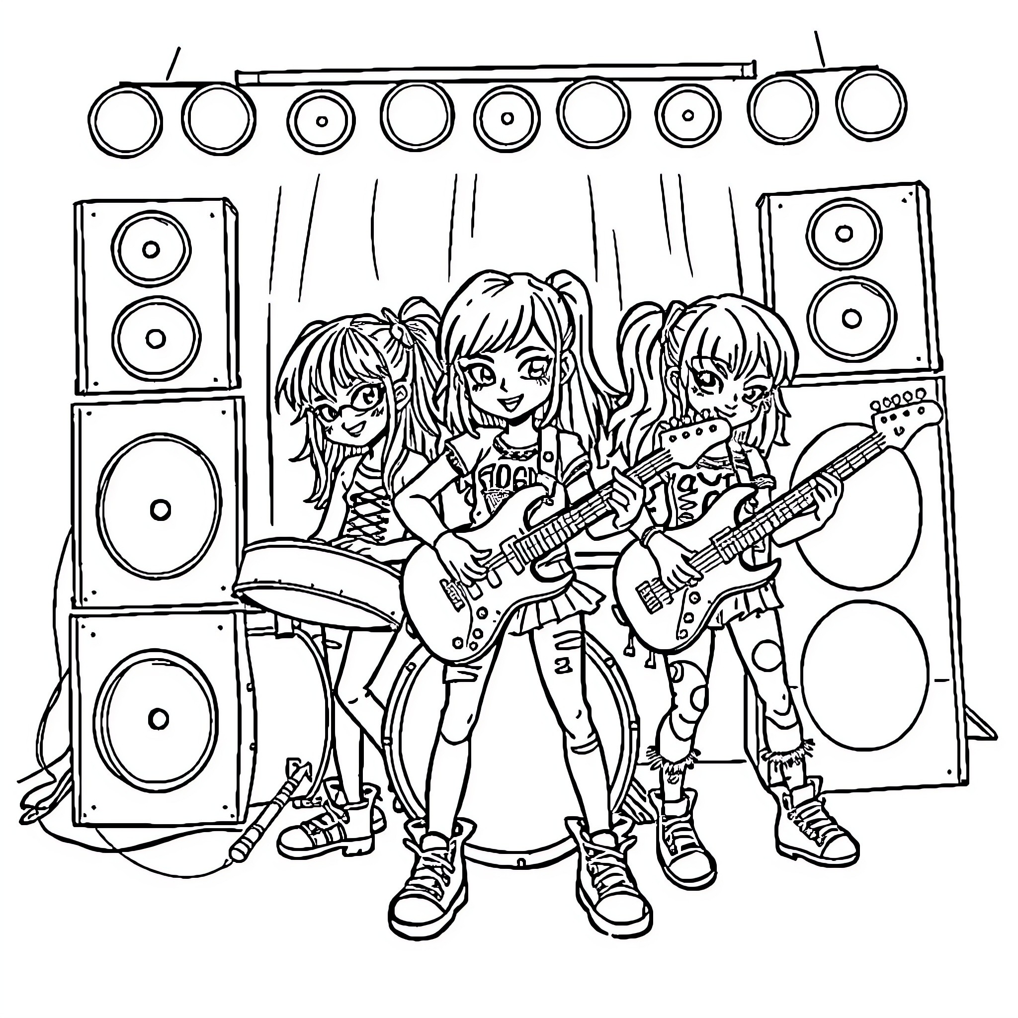Girl band performing on stage with musical instruments Coloring Page (free black-and-white line drawing printable PDF for all, from beginners to advanced learners, including children, teens, adults, and seniors)