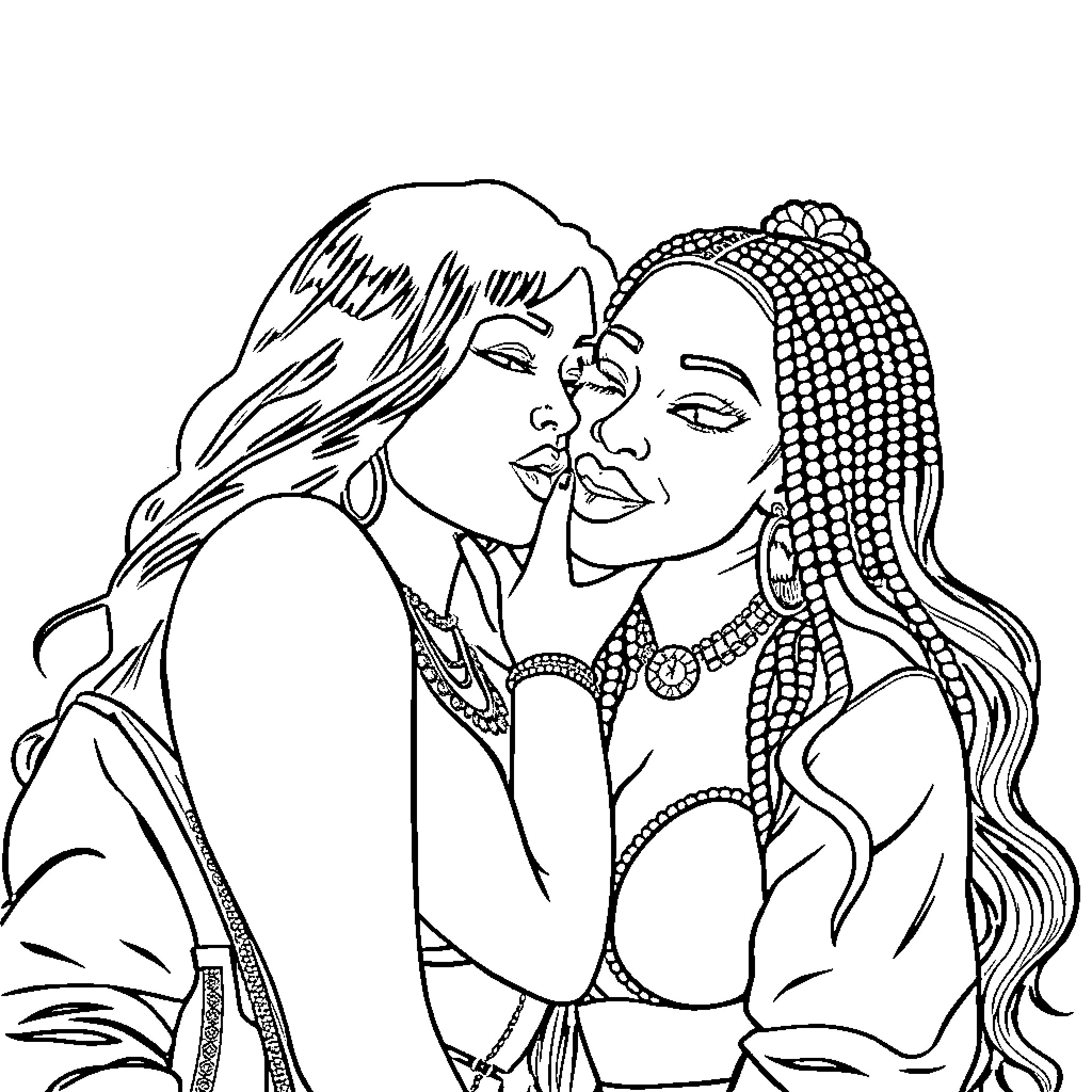 Nicki Minaj's Radiant Embrace Coloring Page (free black-and-white line drawing printable PDF for all, from beginners to advanced learners, including children, teens, adults, and seniors)