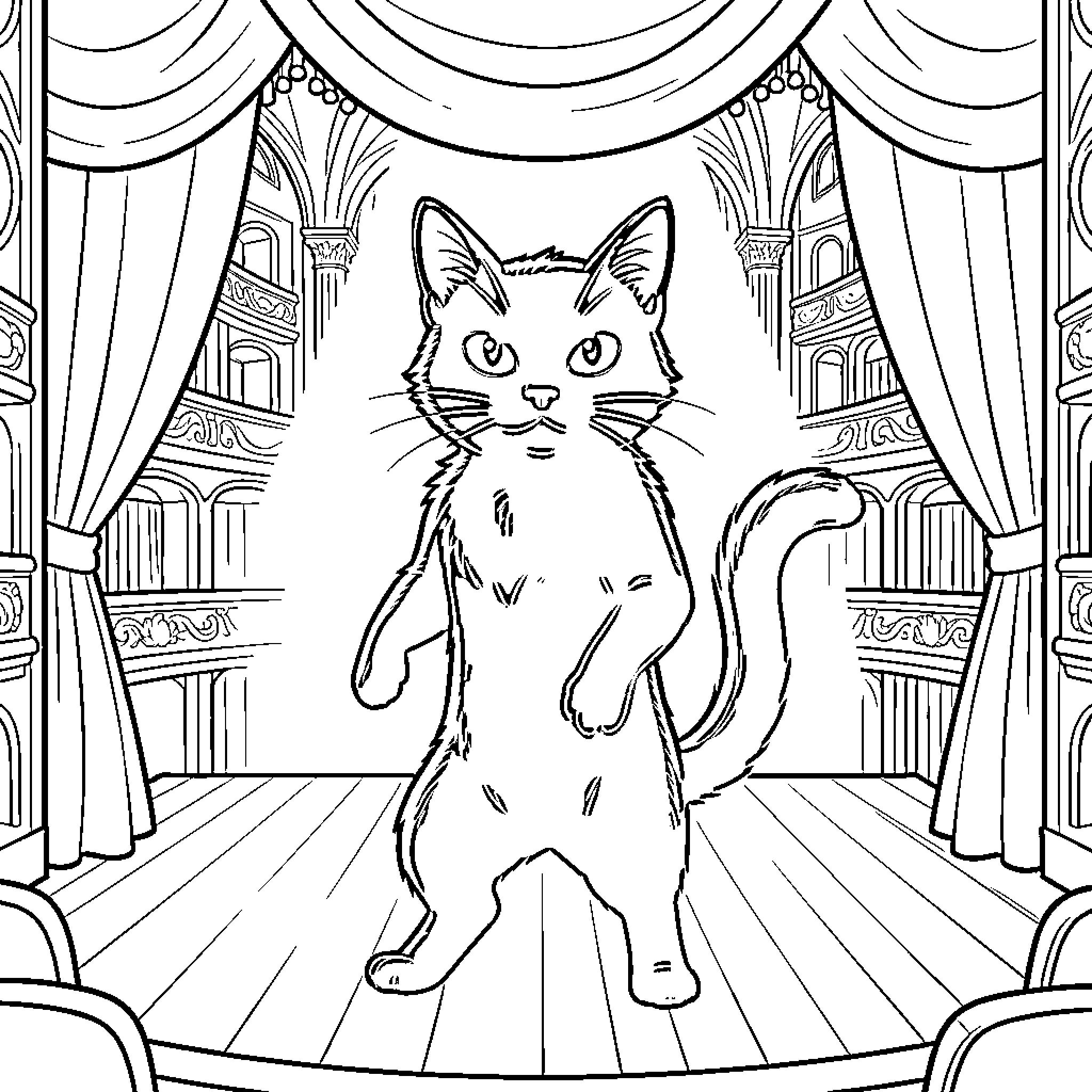 Gato performing on stage with curtain backdrop Coloring Page (free black-and-white line drawing printable PDF for all, from beginners to advanced learners, including children, teens, adults, and seniors)