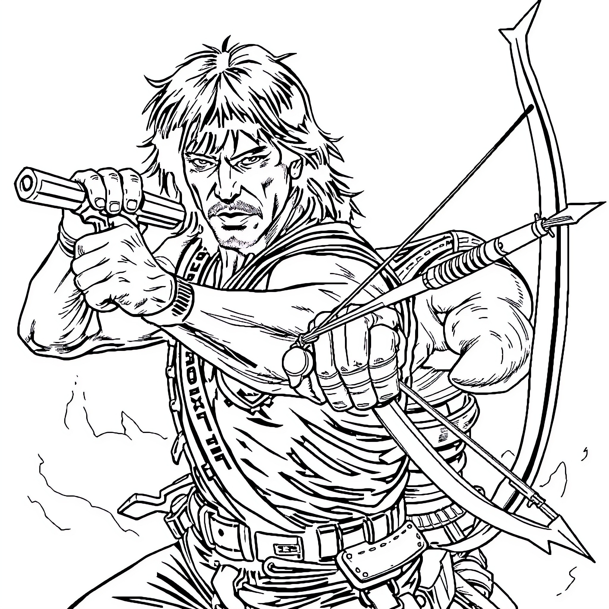 Van Damme in Action with Weapons and Determination Coloring Page (free black-and-white line drawing printable PDF for all, from beginners to advanced learners, including children, teens, adults, and seniors)