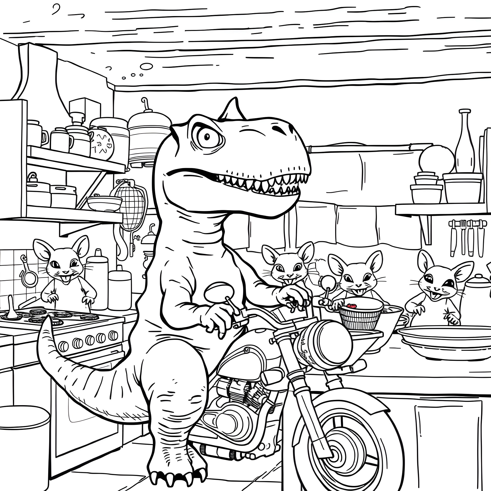 T-Rex riding motorcycle with small animal companions Coloring Page (free black-and-white line drawing printable PDF for all, from beginners to advanced learners, including children, teens, adults, and seniors)