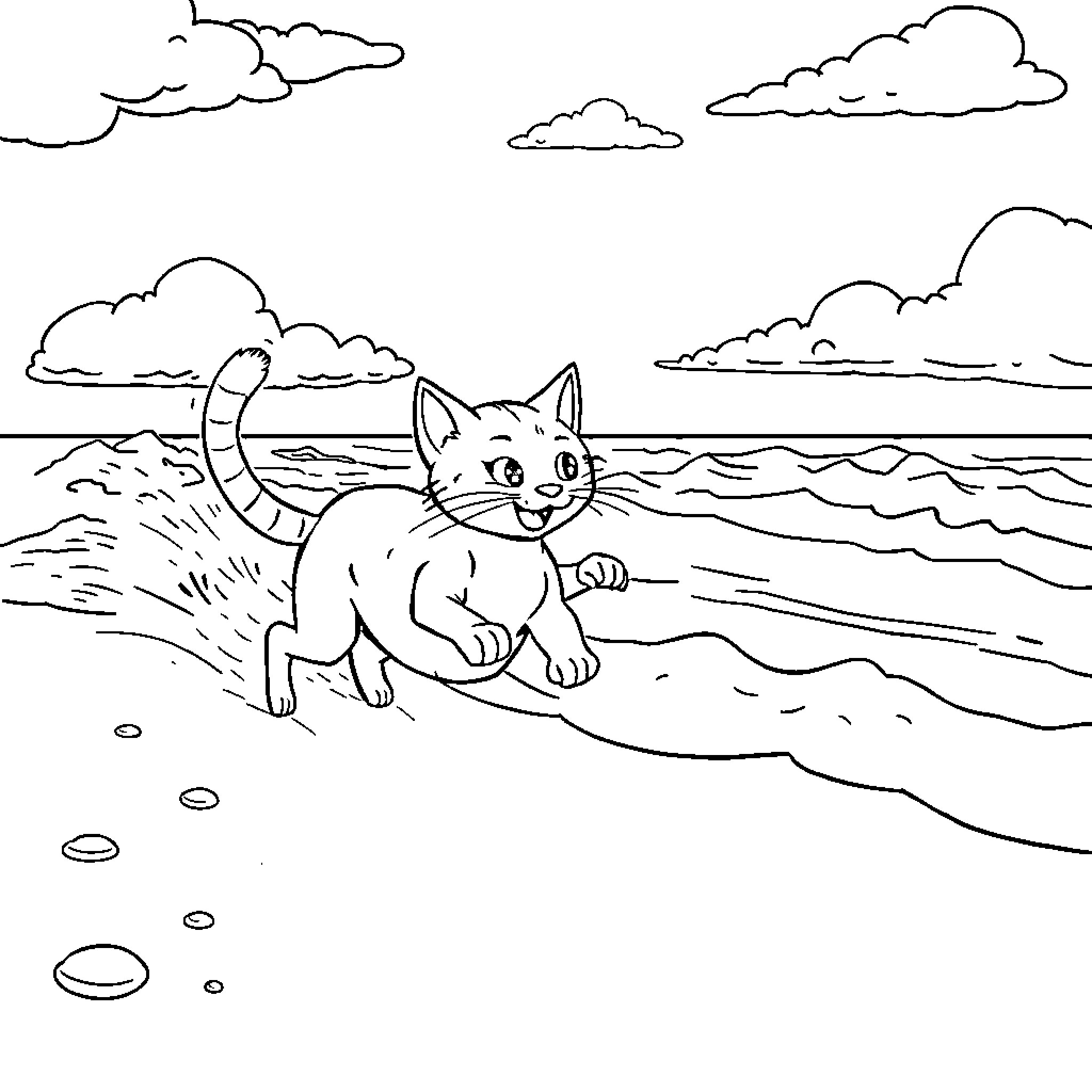 Gato exploring the beach under cloudy skies Coloring Page (free black-and-white line drawing printable PDF for all, from beginners to advanced learners, including children, teens, adults, and seniors)
