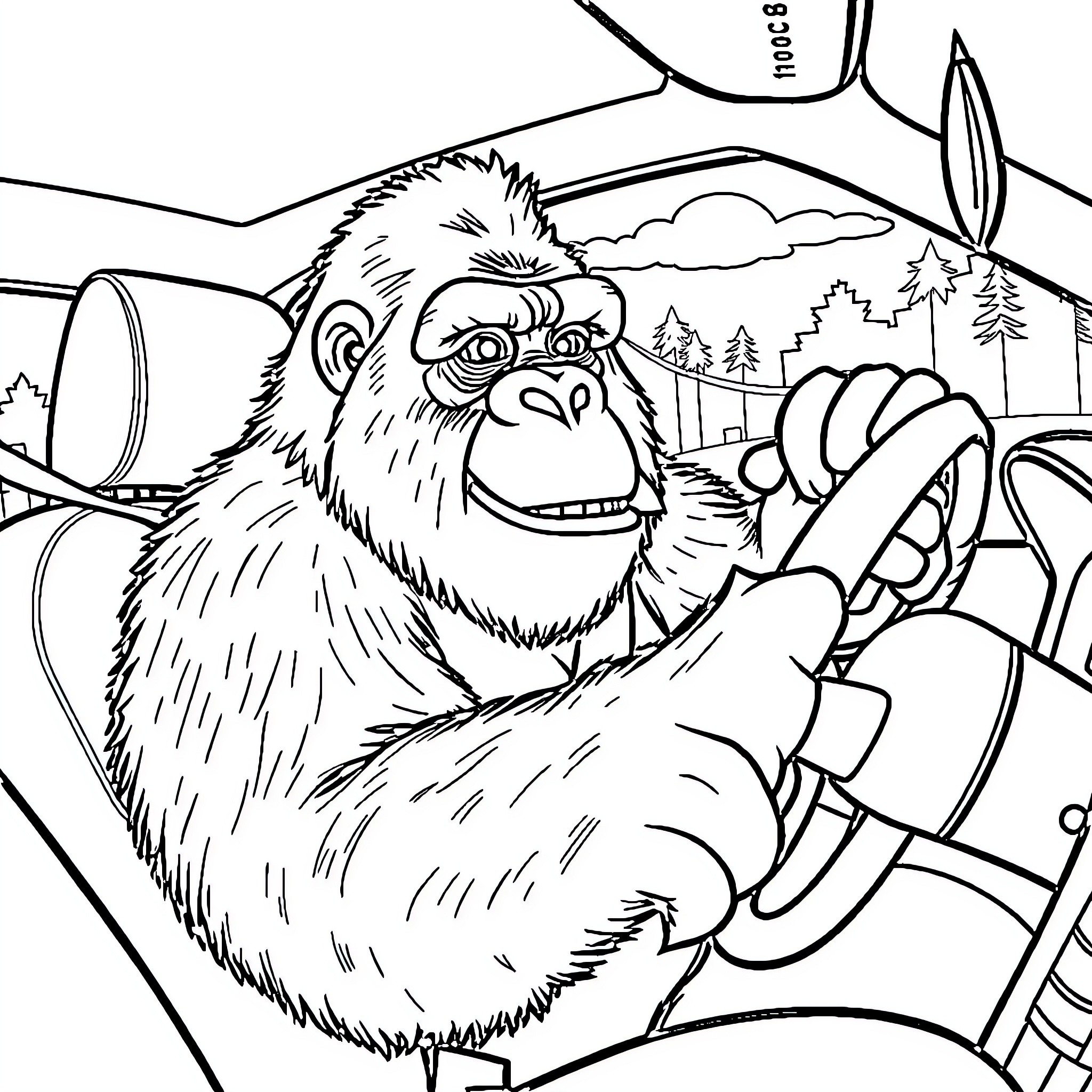 Gorilla driving a car through the countryside Coloring Page (free black-and-white line drawing printable PDF for all, from beginners to advanced learners, including children, teens, adults, and seniors)