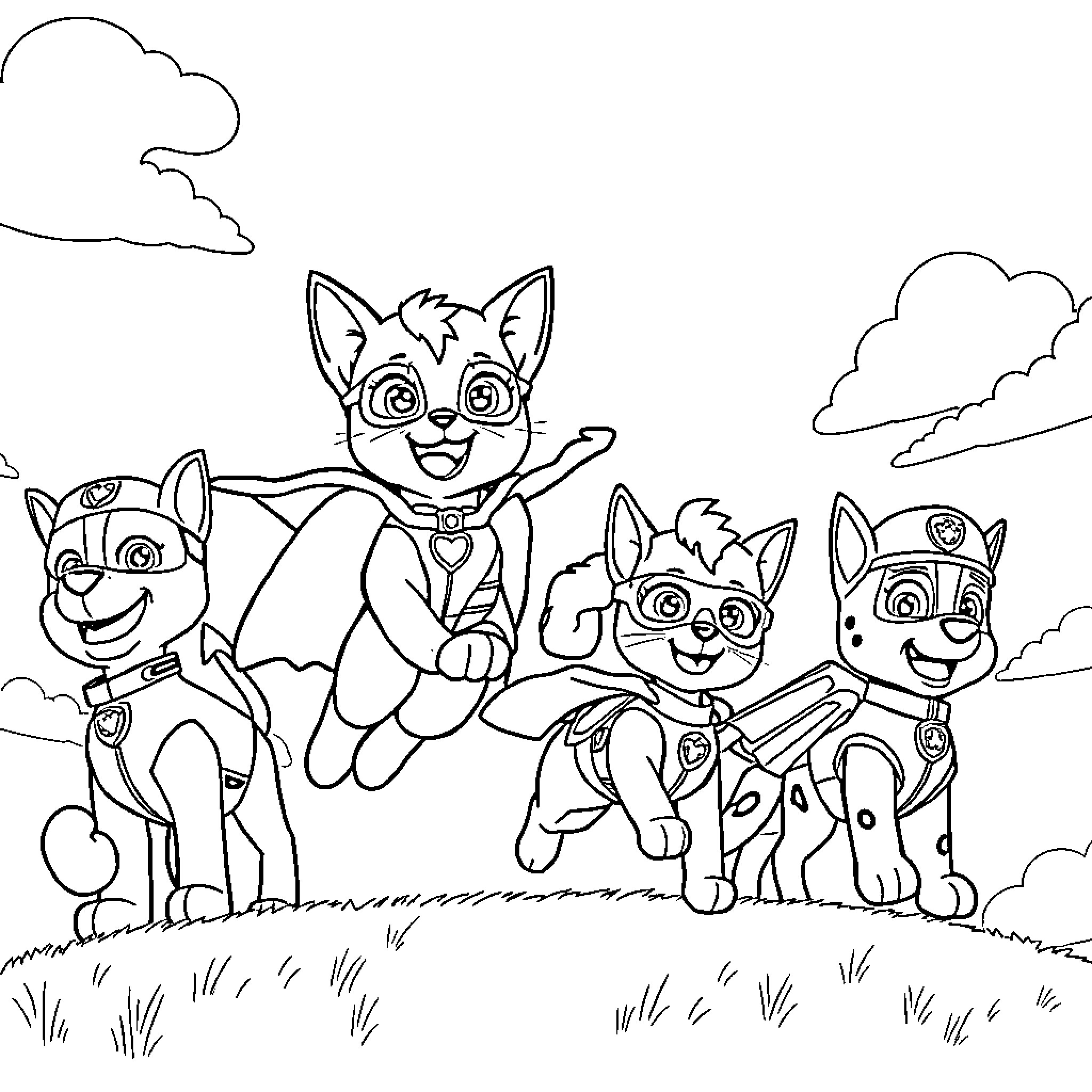 Kitty Paw Patrol Team on an Adventure Coloring Page (free black-and-white line drawing printable PDF for all, from beginners to advanced learners, including children, teens, adults, and seniors)