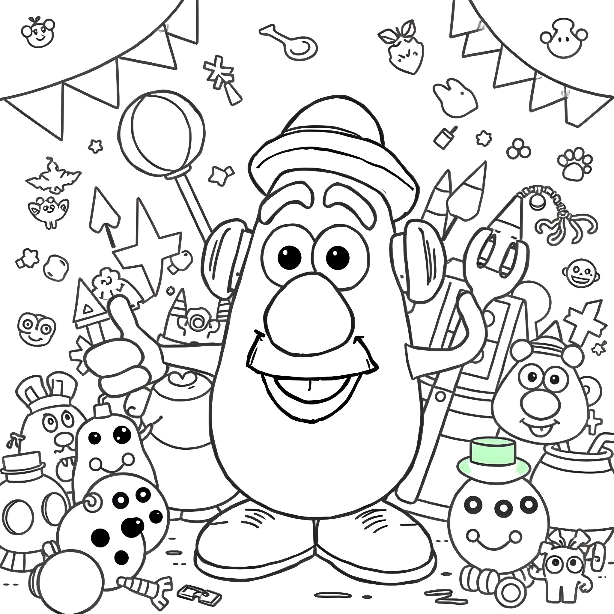 Mr. Potato Head having a fun party with accessories Coloring Page (free black-and-white line drawing printable PDF for all, from beginners to advanced learners, including children, teens, adults, and seniors)