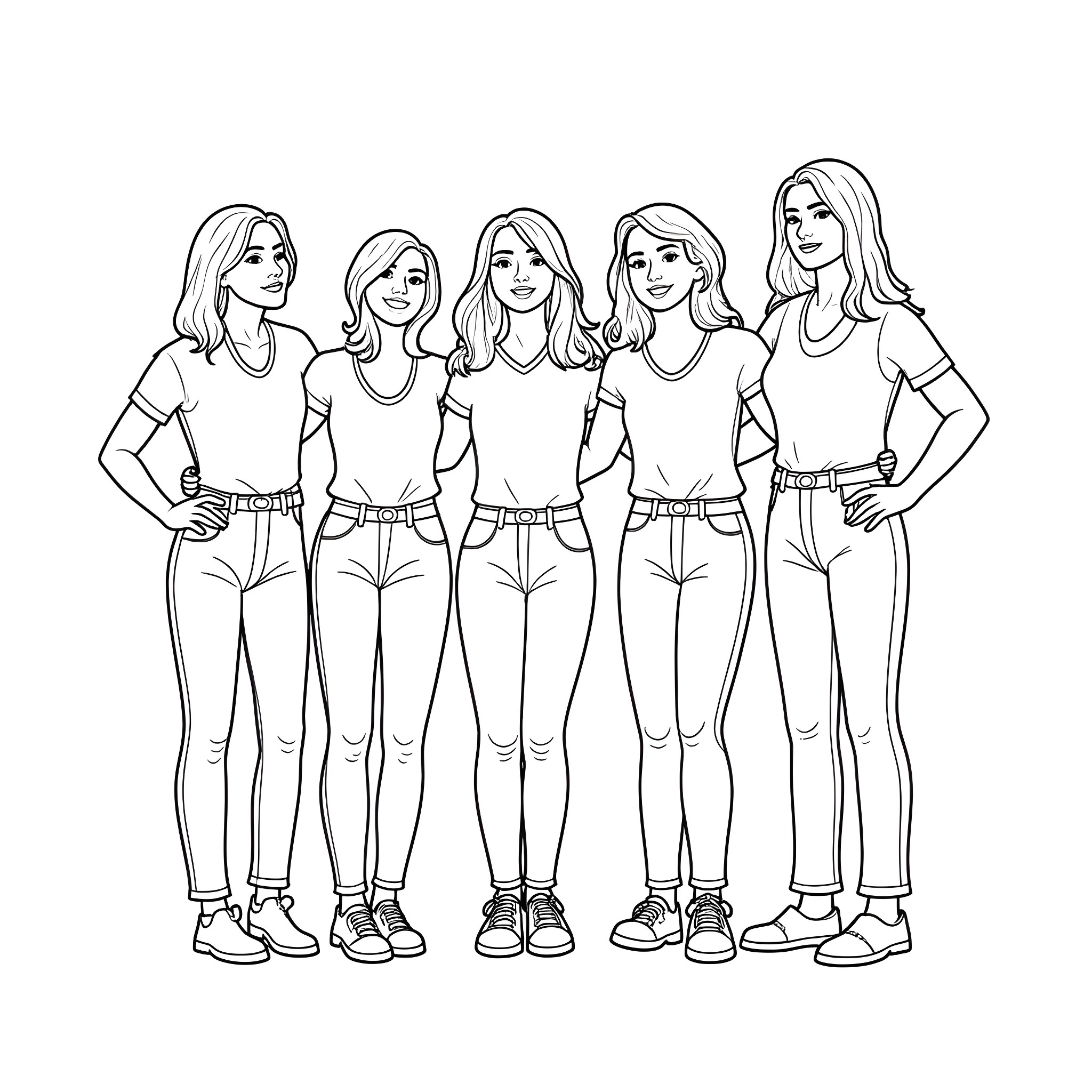 Woman in casual outfits posing together Coloring Page (free black-and-white line drawing printable PDF for all, from beginners to advanced learners, including children, teens, adults, and seniors)