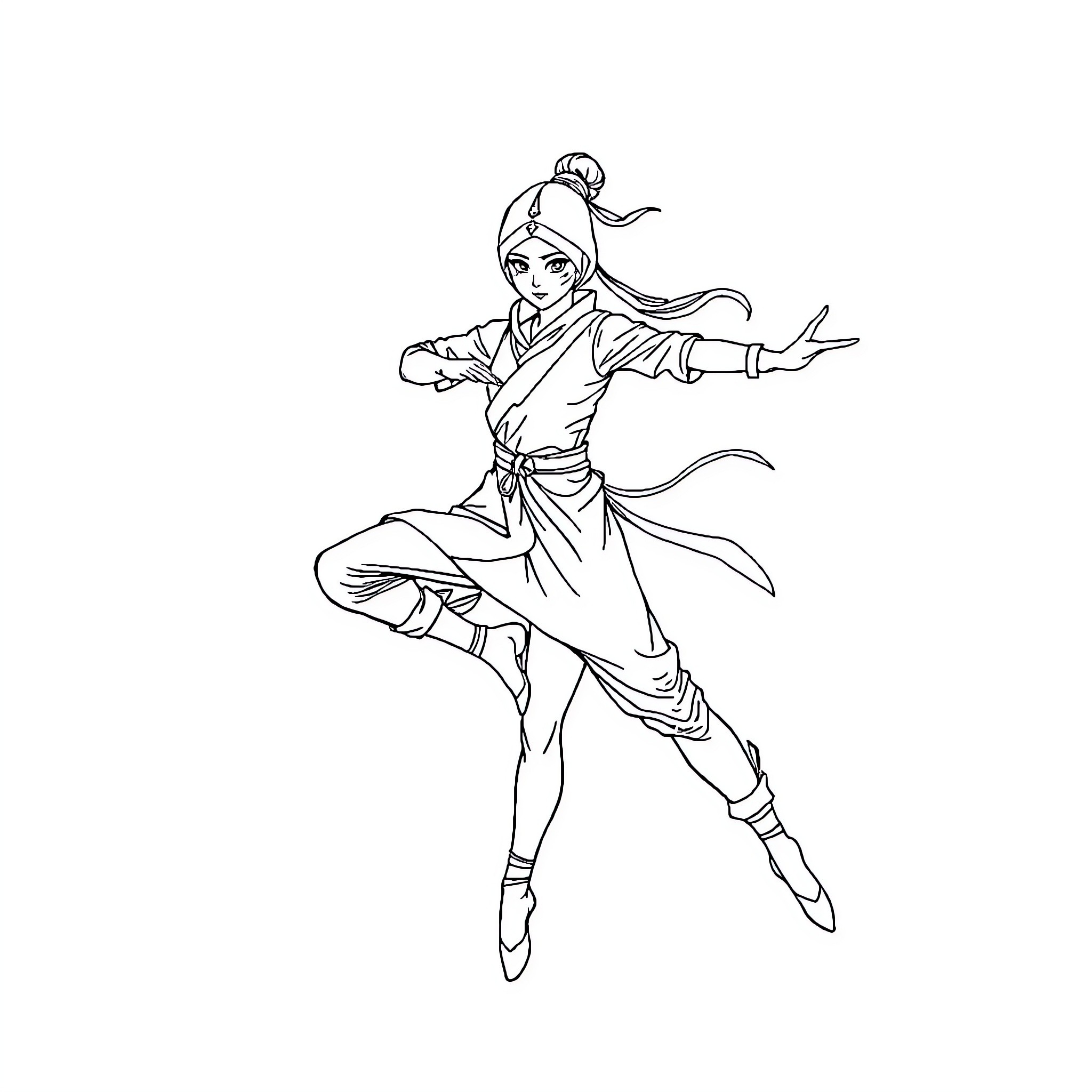 Ninja Ballerina performing graceful martial arts moves Coloring Page (free black-and-white line drawing printable PDF for all, from beginners to advanced learners, including children, teens, adults, and seniors)