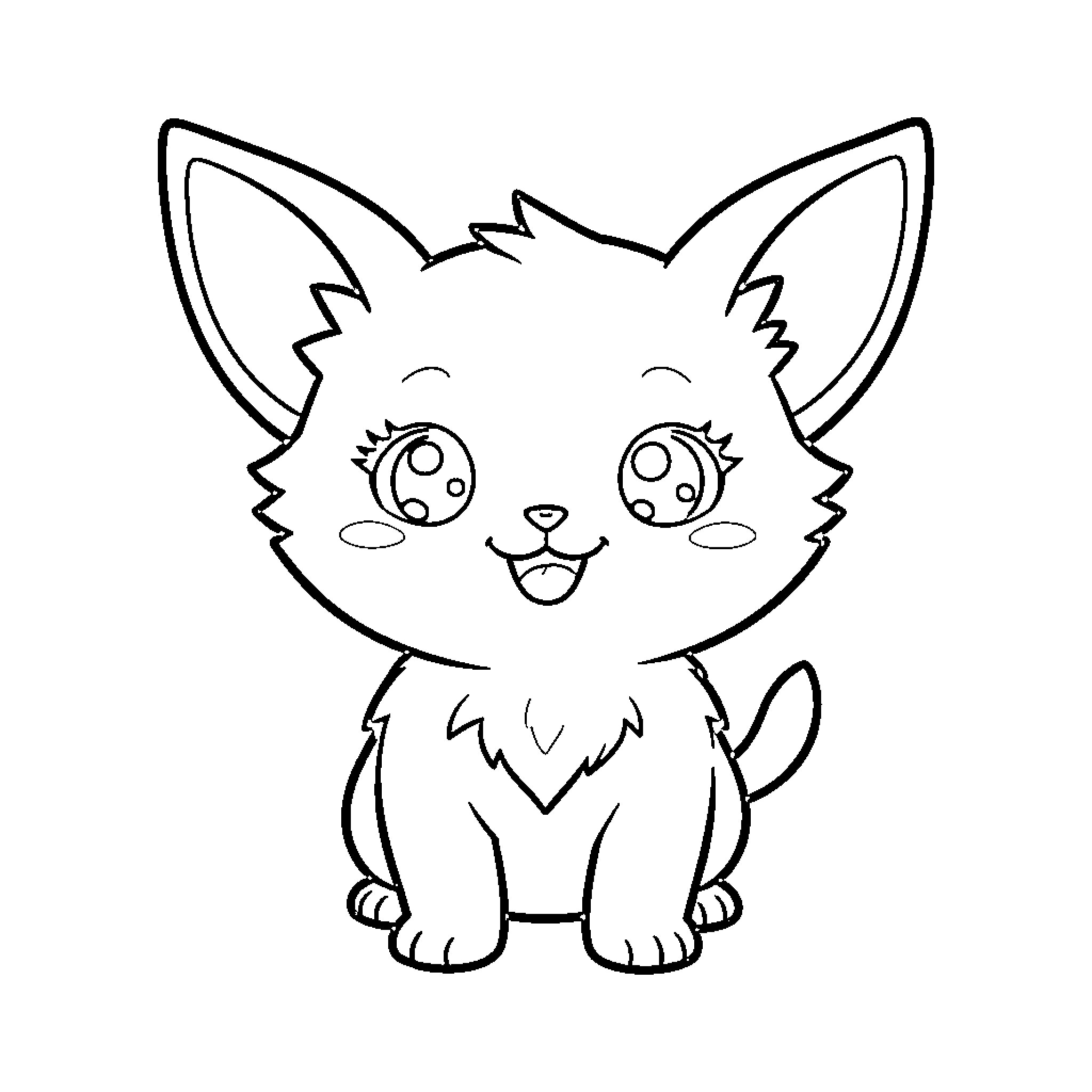 Pikachu styled kitten sitting with a happy expression Coloring Page (free black-and-white line drawing printable PDF for all, from beginners to advanced learners, including children, teens, adults, and seniors)