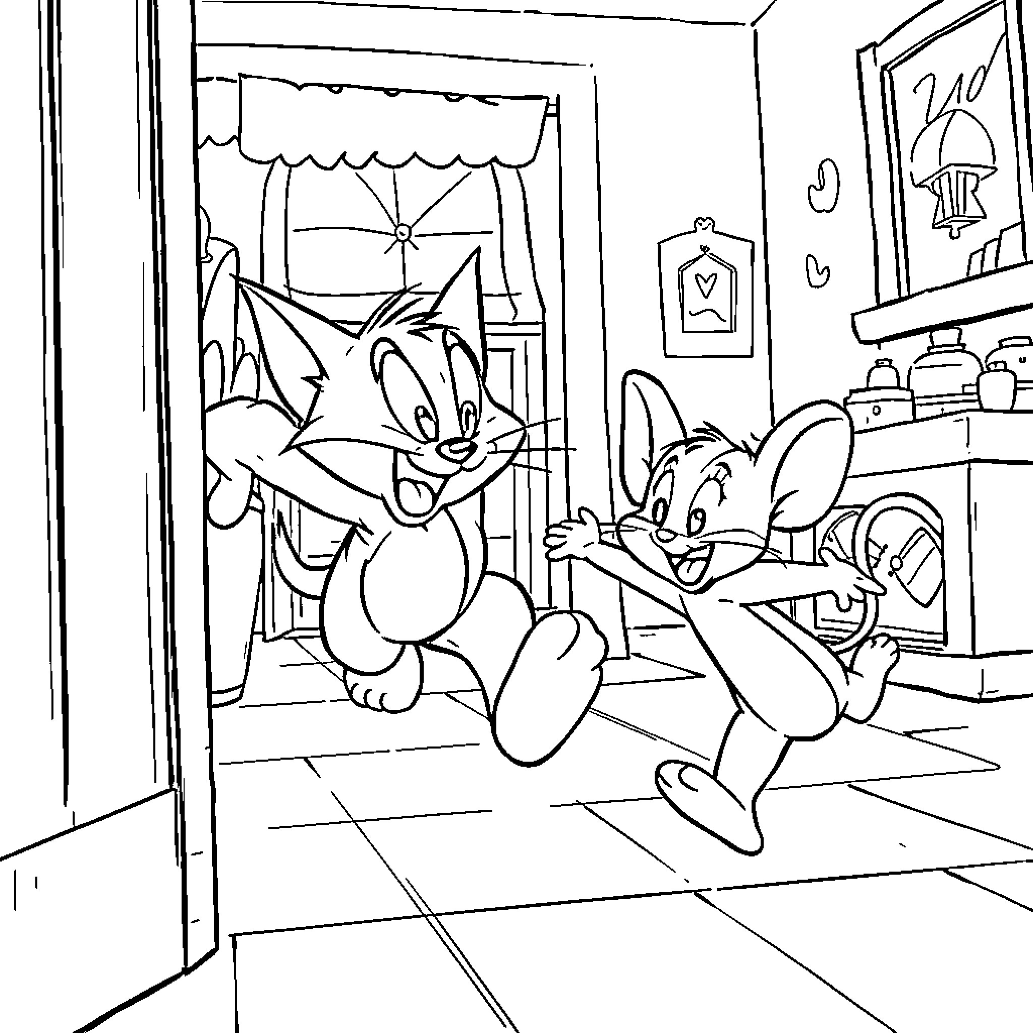 Tom and Jerry chasing each other in a room Coloring Page (free black-and-white line drawing printable PDF for all, from beginners to advanced learners, including children, teens, adults, and seniors)