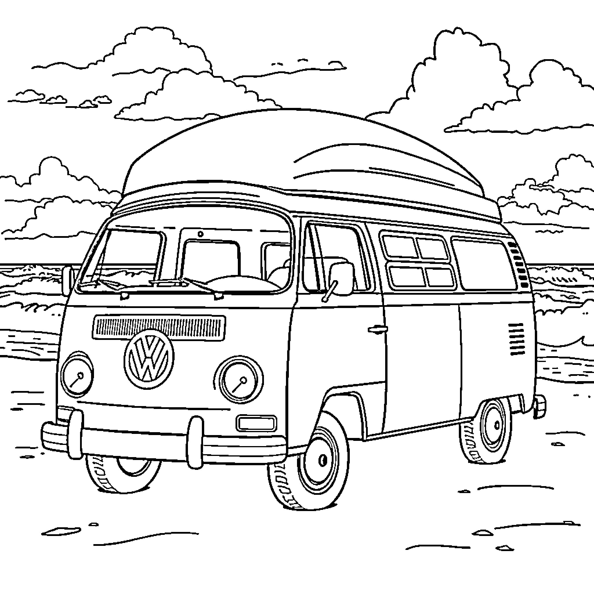 VW Surf Camper parked in scenic landscape Coloring Page (free black-and-white line drawing printable PDF for all, from beginners to advanced learners, including children, teens, adults, and seniors)