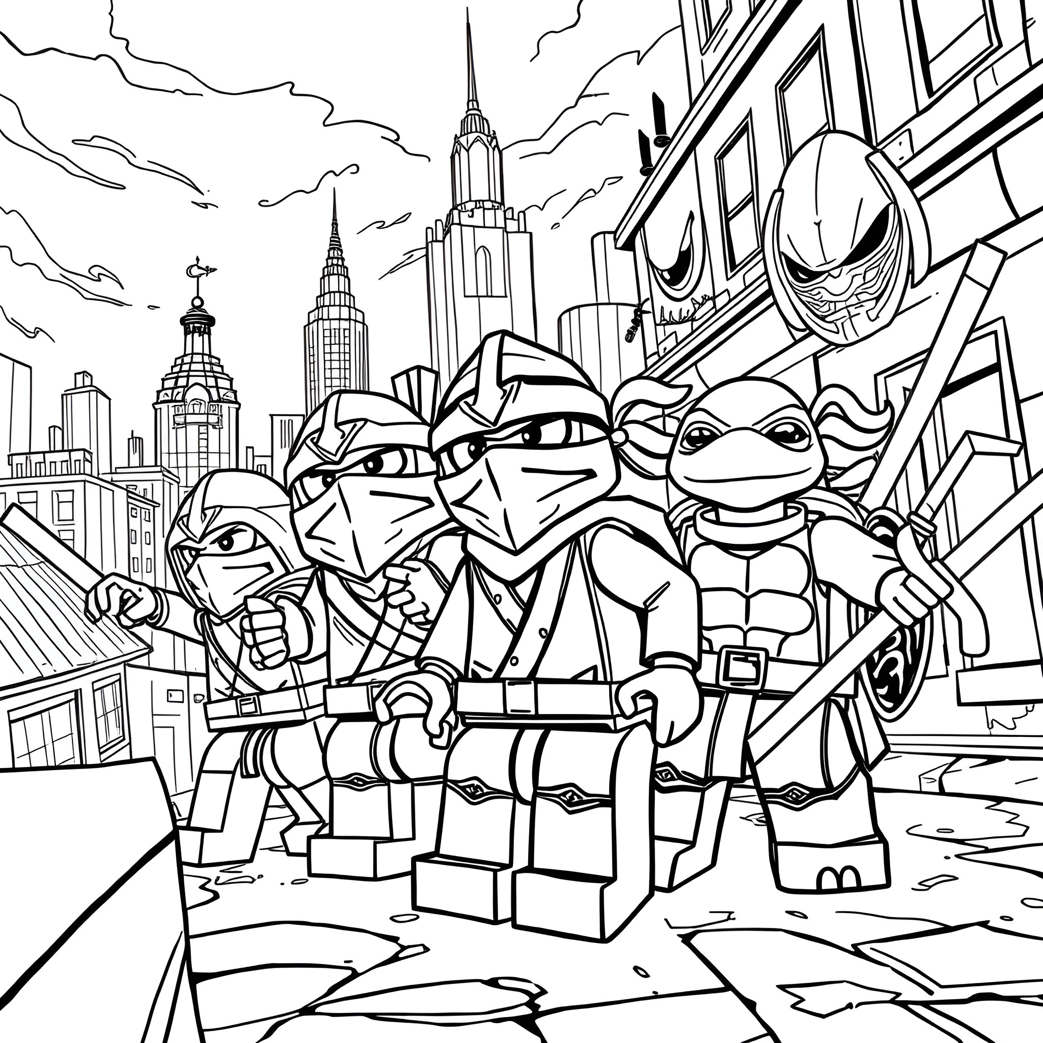 Ninja Turtles Explore Iconic City Skyline Coloring Page (free black-and-white line drawing printable PDF for all, from beginners to advanced learners, including children, teens, adults, and seniors)