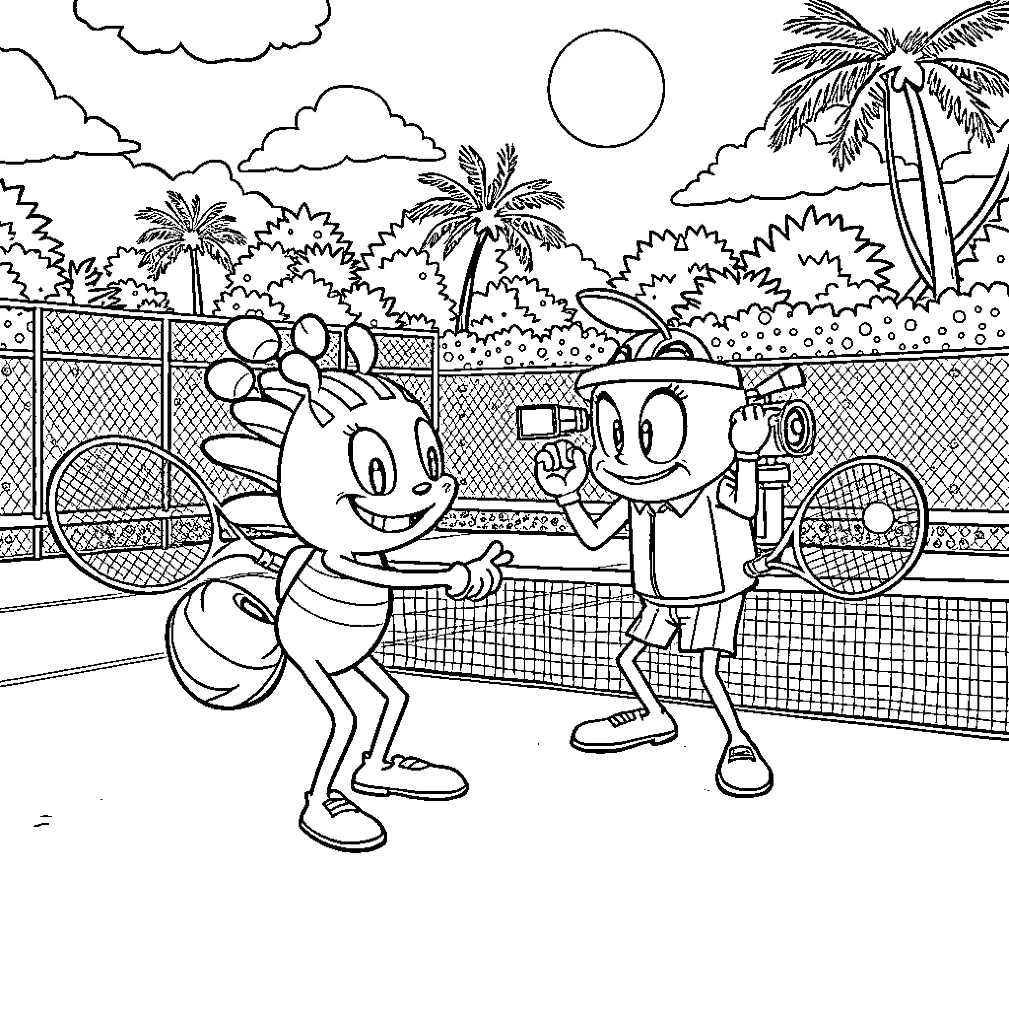 Skibidi Toilet Tennis Match on a Tropical Court Coloring Page (free black-and-white line drawing printable PDF for all, from beginners to advanced learners, including children, teens, adults, and seniors)