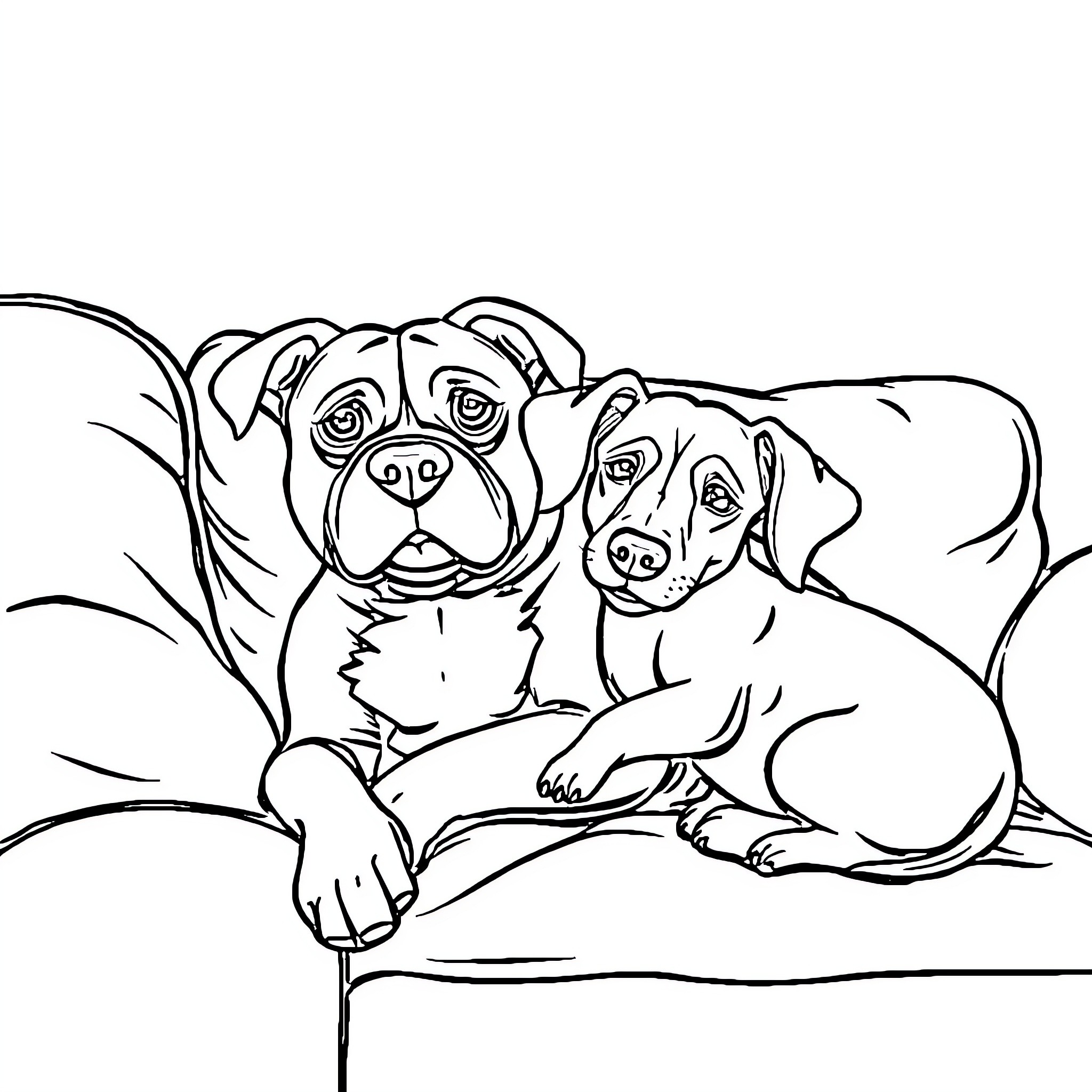Dog friends relaxing together on a couch Coloring Page (free black-and-white line drawing printable PDF for all, from beginners to advanced learners, including children, teens, adults, and seniors)