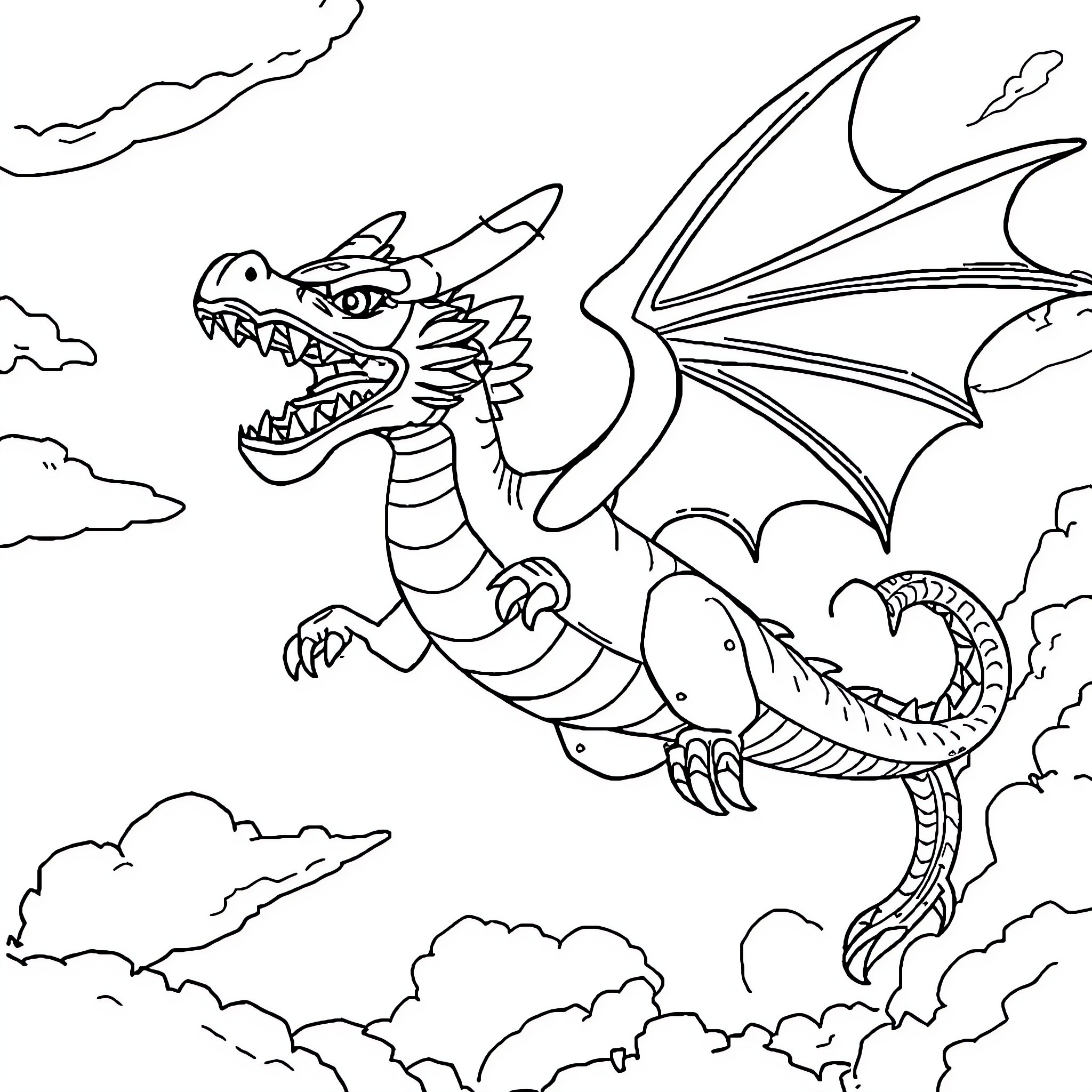 Dragon soaring through the cloudy skies Coloring Page (free black-and-white line drawing printable PDF for all, from beginners to advanced learners, including children, teens, adults, and seniors)