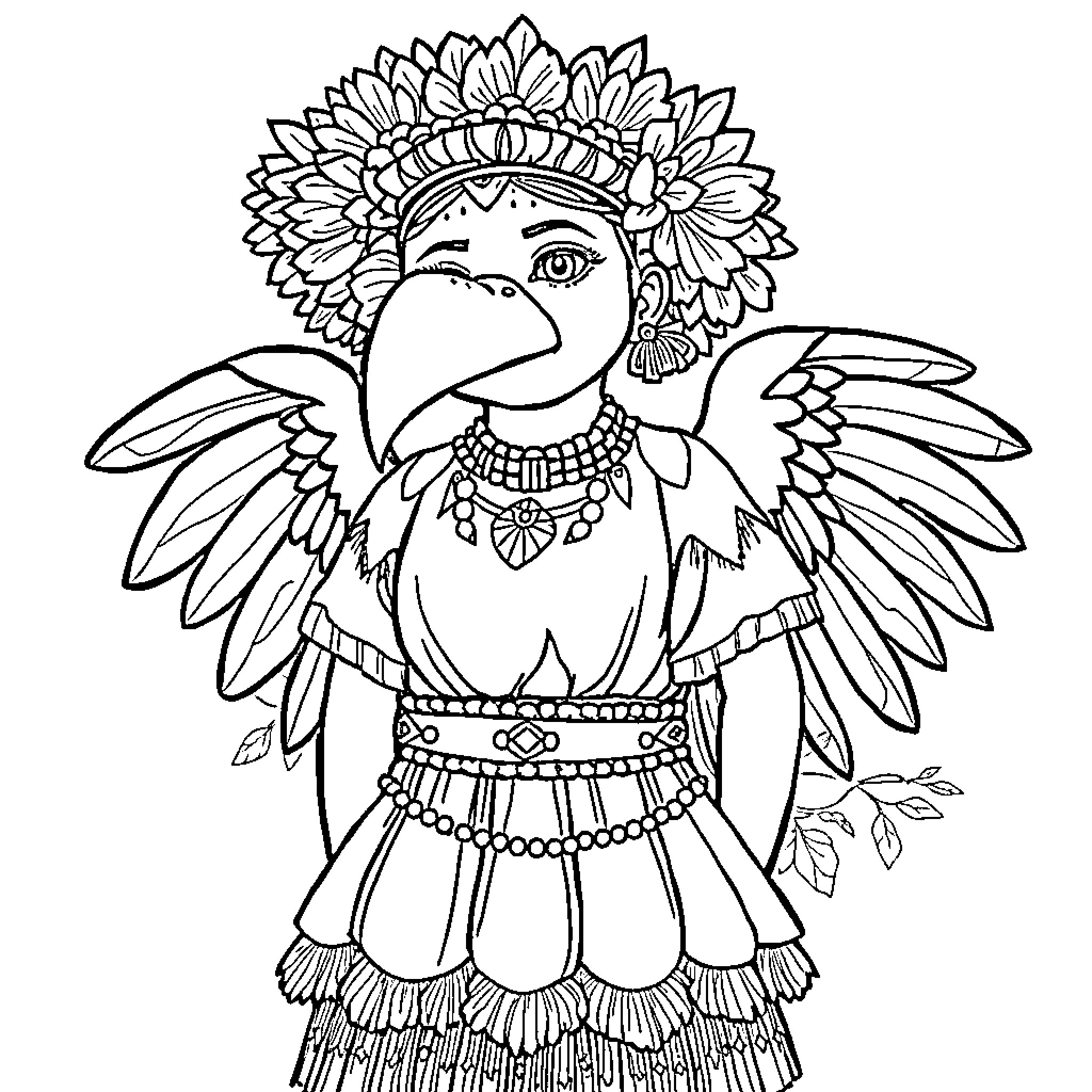 Labubu the Elaborate Bird Deity Coloring Page (free black-and-white line drawing printable PDF for all, from beginners to advanced learners, including children, teens, adults, and seniors)