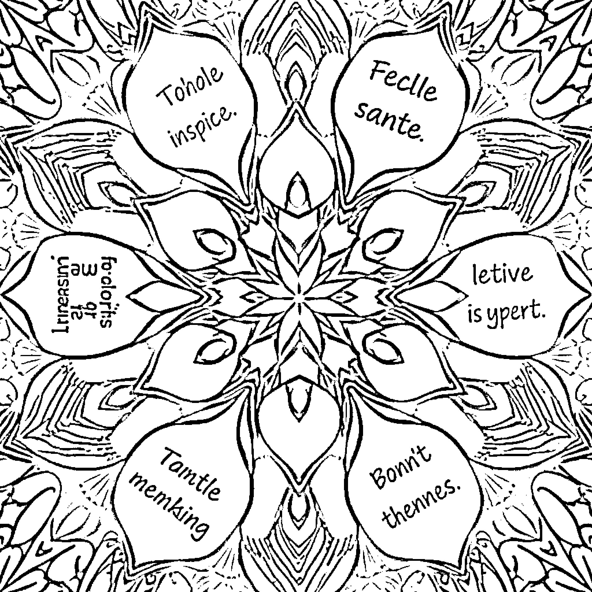 Kaleidoscope of Inspirational Quotes and Patterns Coloring Page (free black-and-white line drawing printable PDF for all, from beginners to advanced learners, including children, teens, adults, and seniors)