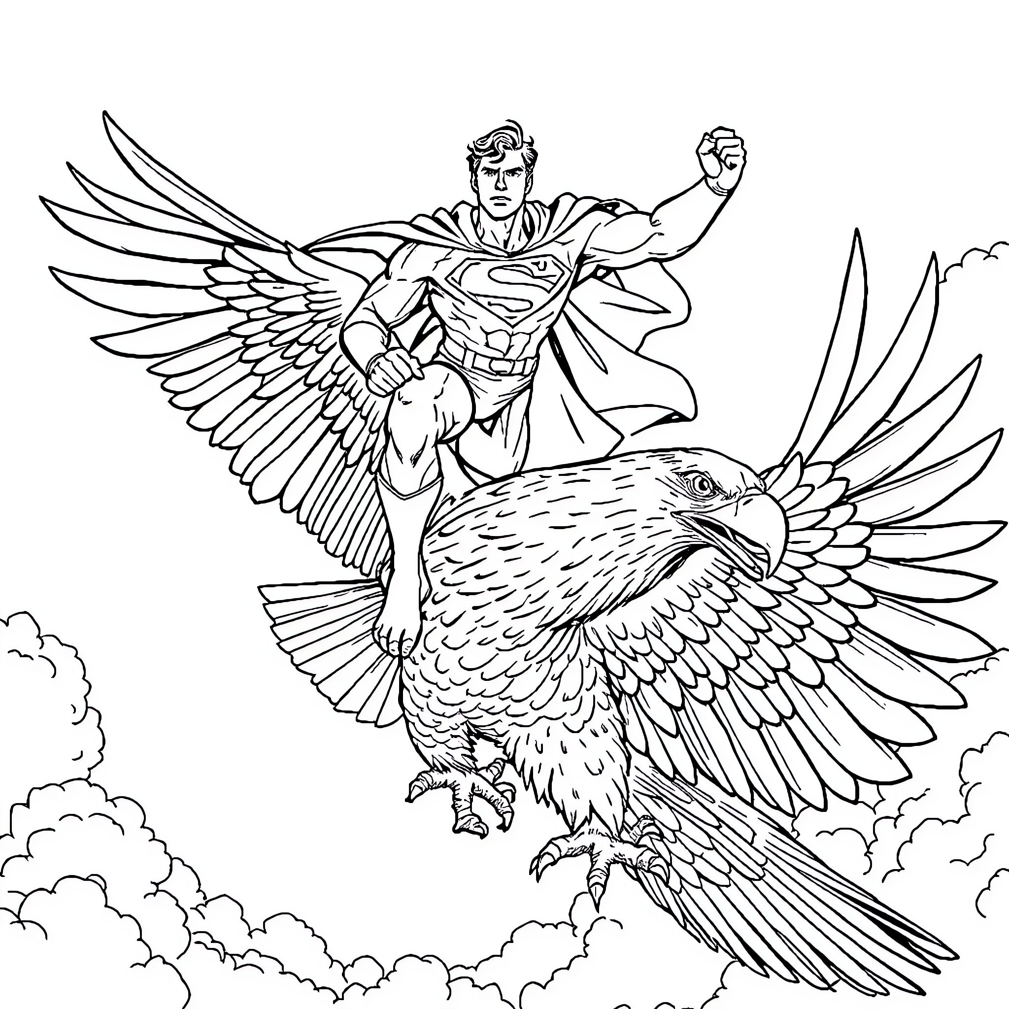 Superman heroically soaring with a powerful eagle Coloring Page (free black-and-white line drawing printable PDF for all, from beginners to advanced learners, including children, teens, adults, and seniors)