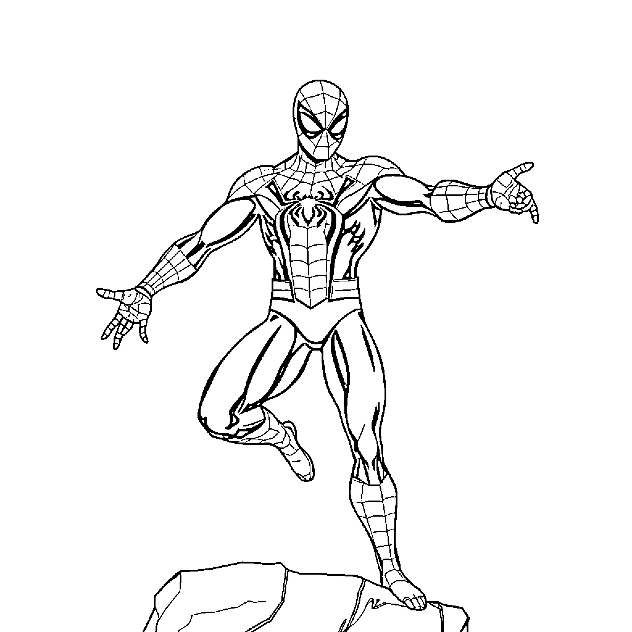 Spider-Man heroically leaping into action Coloring Page (free black-and-white line drawing printable PDF for all, from beginners to advanced learners, including children, teens, adults, and seniors)
