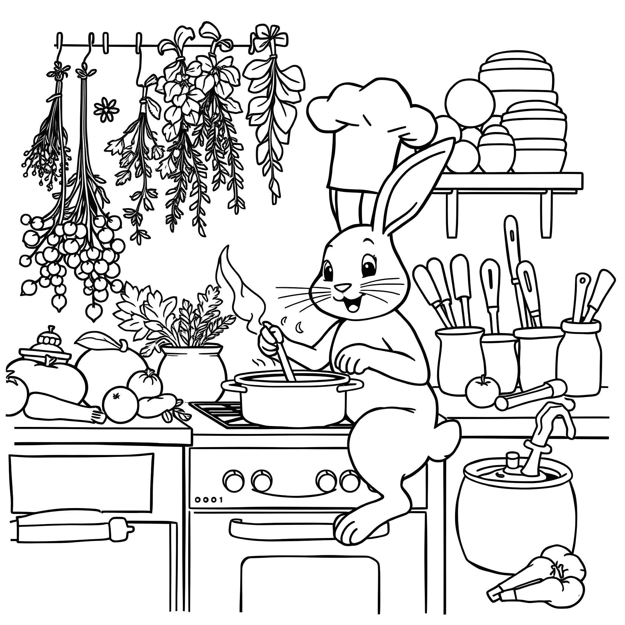 Bunny cooking in the kitchen with kitchen utensils Coloring Page (free black-and-white line drawing printable PDF for all, from beginners to advanced learners, including children, teens, adults, and seniors)