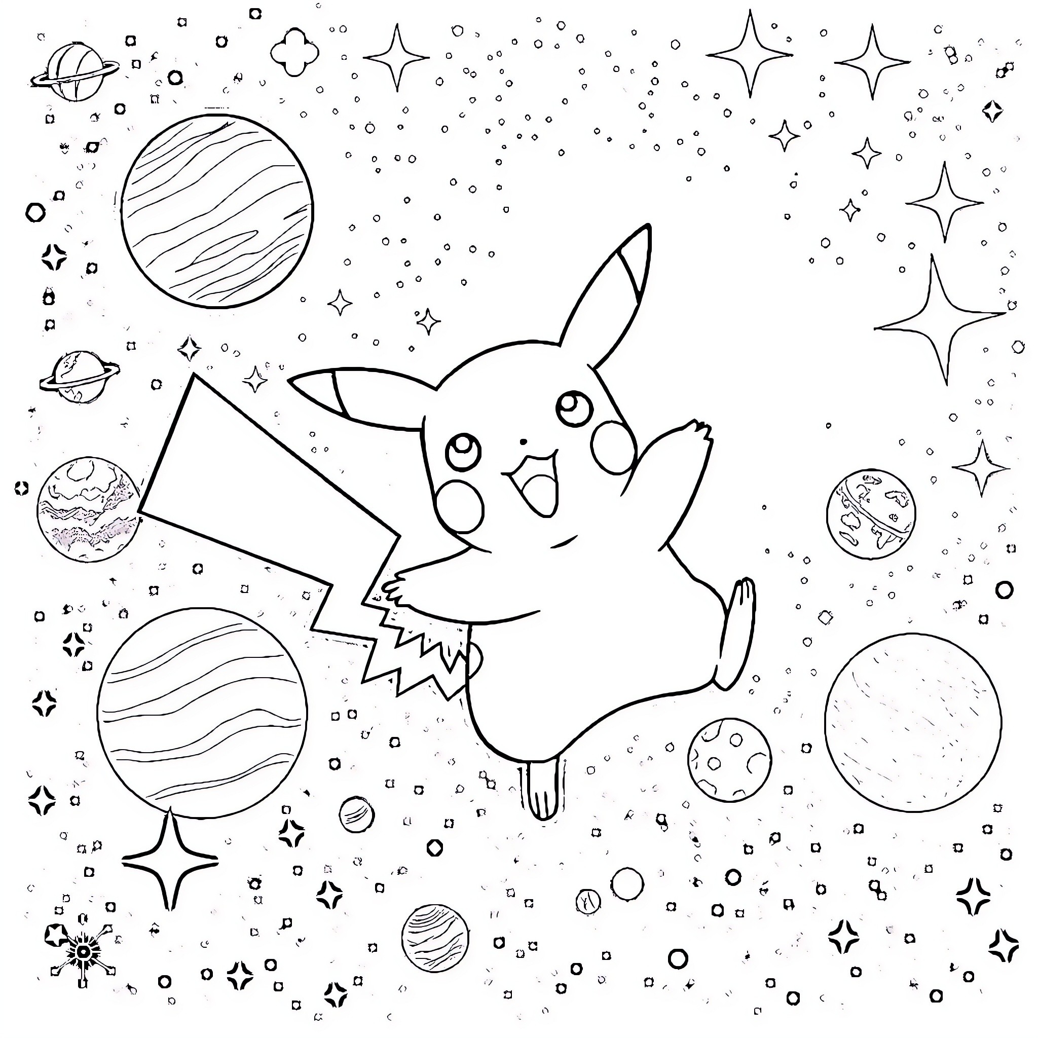 Pikachu exploring the cosmic universe Coloring Page (free black-and-white line drawing printable PDF for all, from beginners to advanced learners, including children, teens, adults, and seniors)