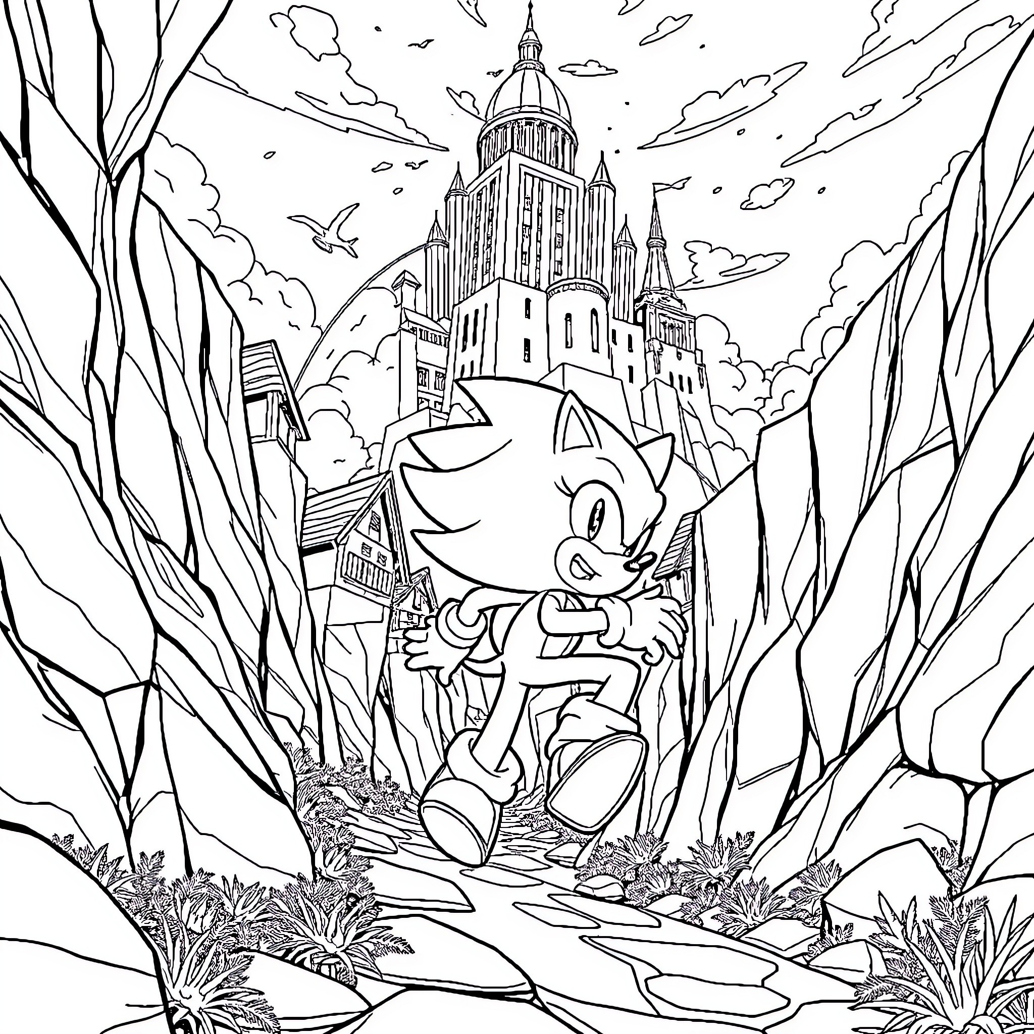 Sonic exploring the city in a fantastical world Coloring Page (free black-and-white line drawing printable PDF for all, from beginners to advanced learners, including children, teens, adults, and seniors)