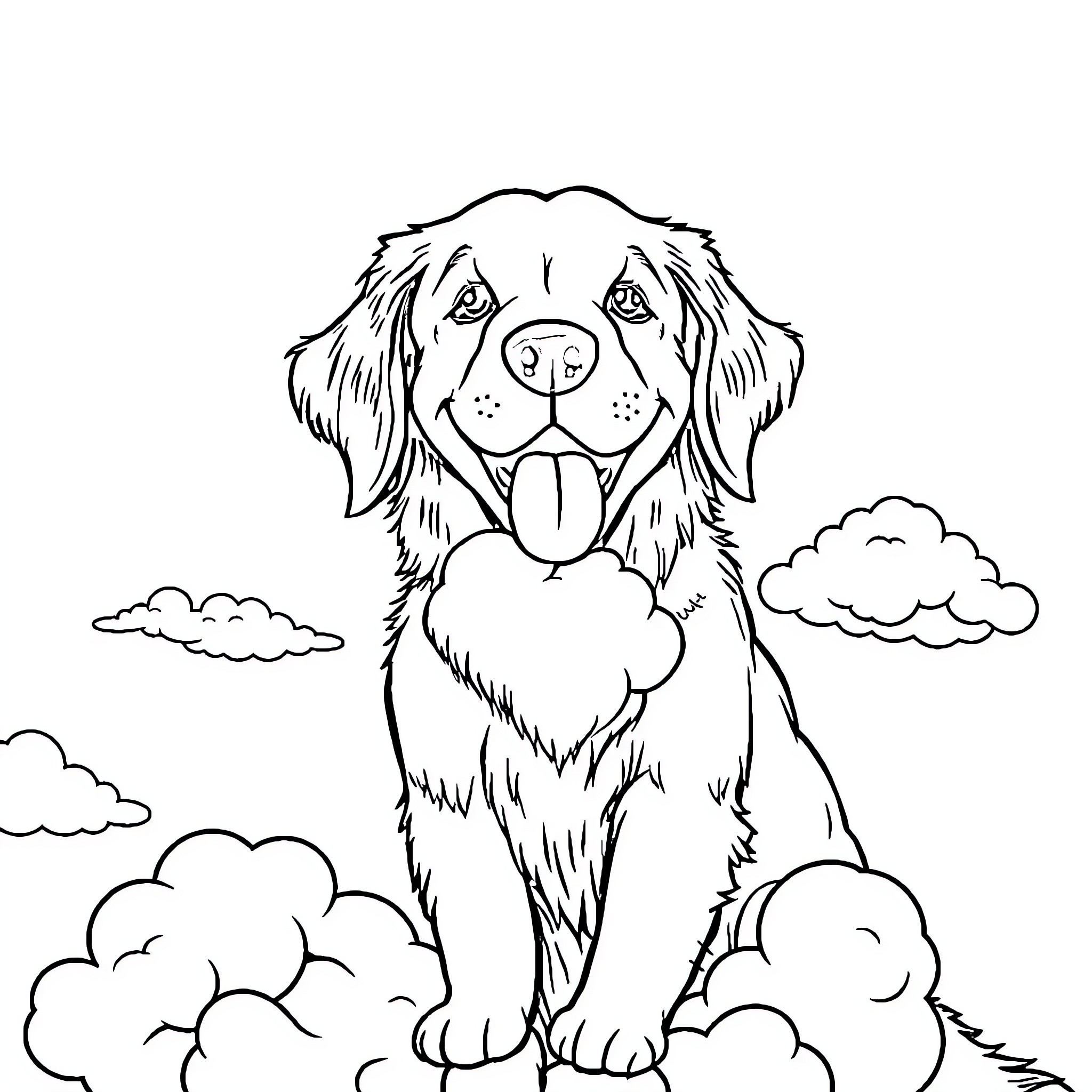 Retriever sitting cheerfully in a cloud-filled sky Coloring Page (free black-and-white line drawing printable PDF for all, from beginners to advanced learners, including children, teens, adults, and seniors)