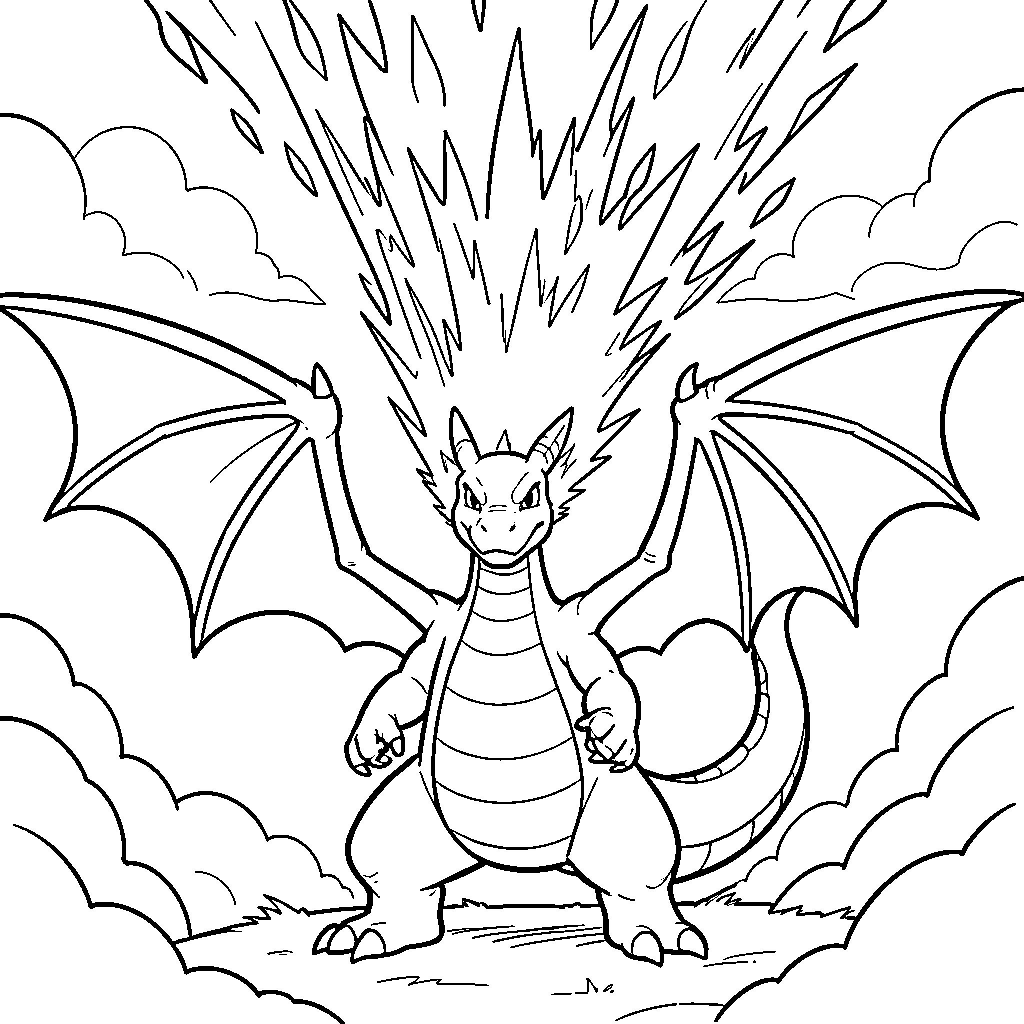 Charizard unleashing powerful fire breath Coloring Page (free black-and-white line drawing printable PDF for all, from beginners to advanced learners, including children, teens, adults, and seniors)