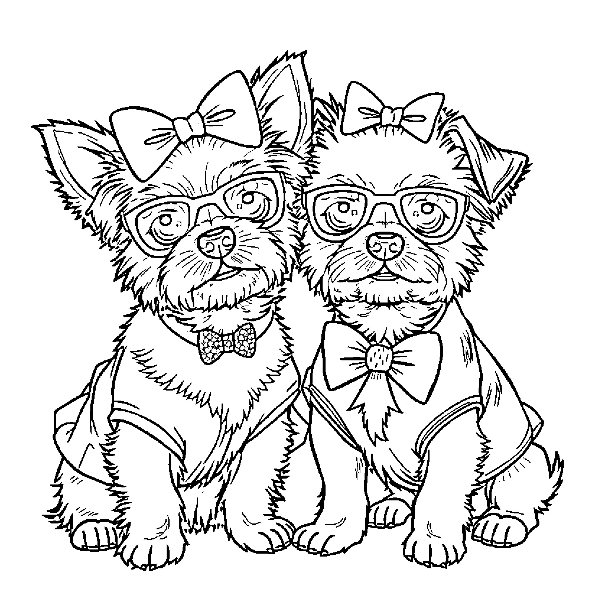 Dog friends wearing cute accessories Coloring Page (free black-and-white line drawing printable PDF for all, from beginners to advanced learners, including children, teens, adults, and seniors)