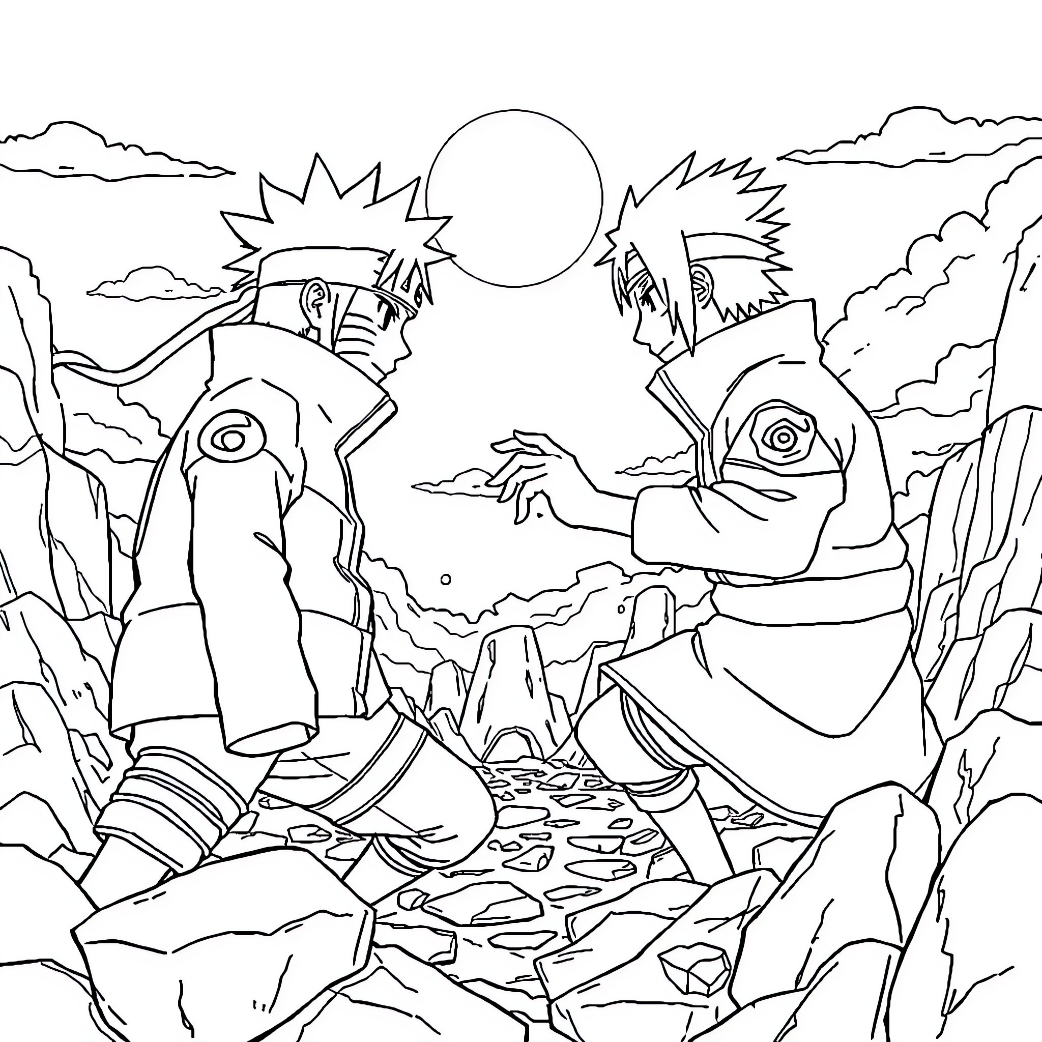 Naruto and Sasuke's Epic Confrontation in the Rugged Landscape Coloring Page (free black-and-white line drawing printable PDF for all, from beginners to advanced learners, including children, teens, adults, and seniors)