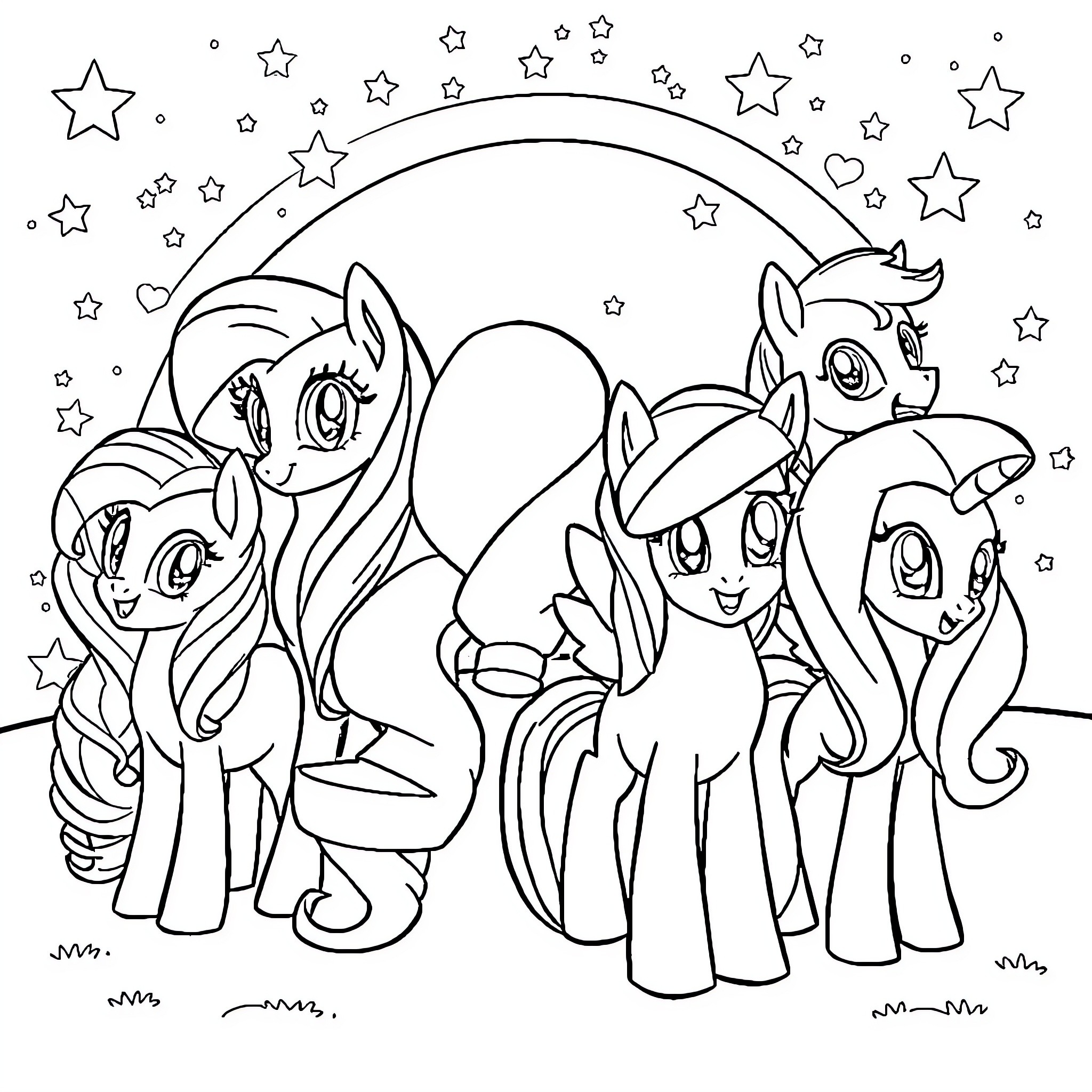 Pony friends explore the starry night sky Coloring Page (free black-and-white line drawing printable PDF for all, from beginners to advanced learners, including children, teens, adults, and seniors)