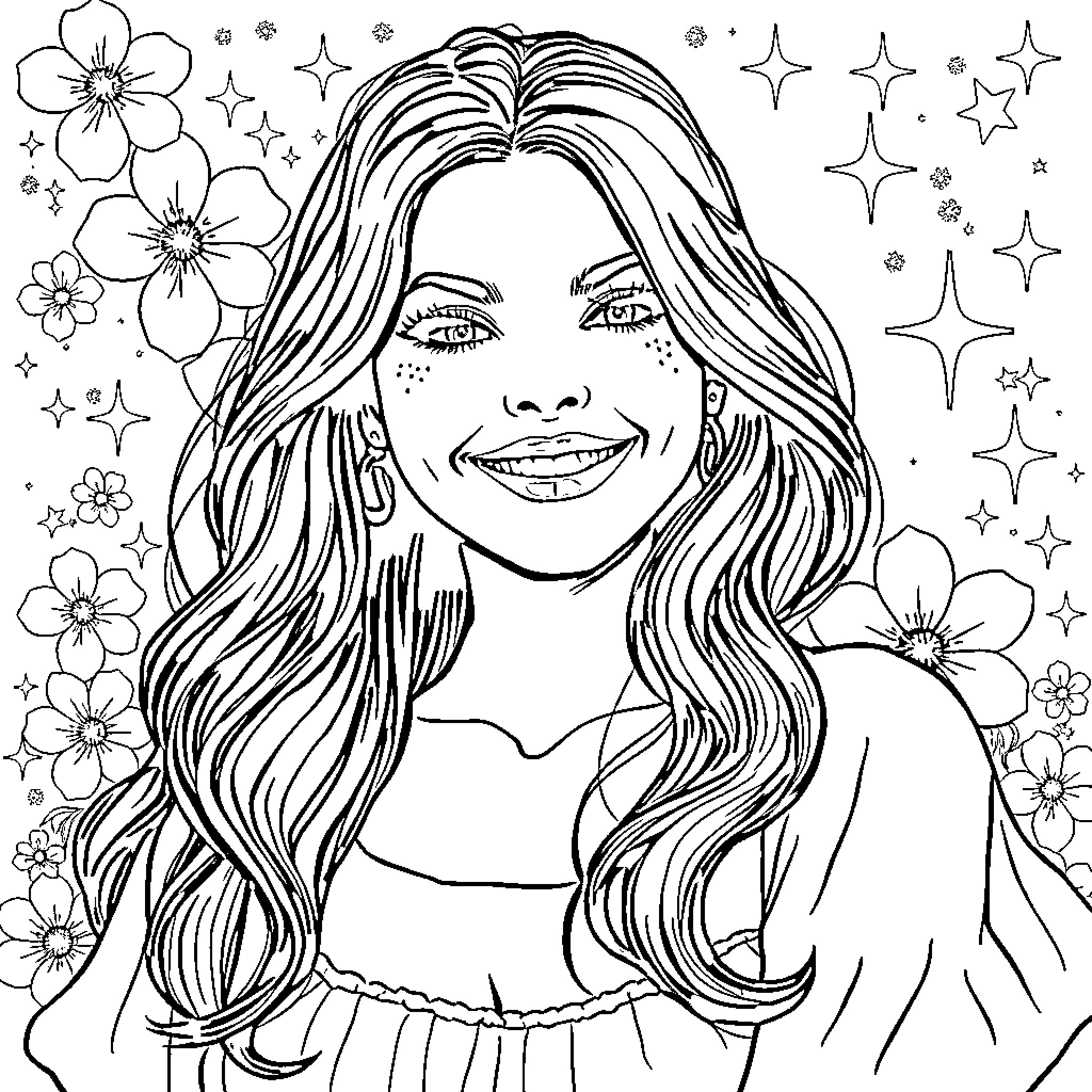 Thylane Blondeau smiling amidst floral surroundings Coloring Page (free black-and-white line drawing printable PDF for all, from beginners to advanced learners, including children, teens, adults, and seniors)