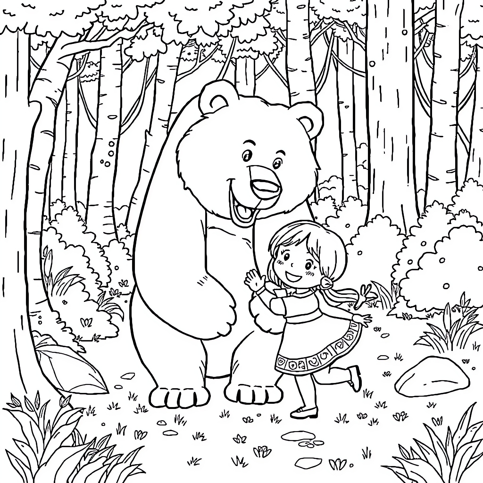 Masha and the bear explore the forest Coloring Page (free black-and-white line drawing printable PDF for all, from beginners to advanced learners, including children, teens, adults, and seniors)
