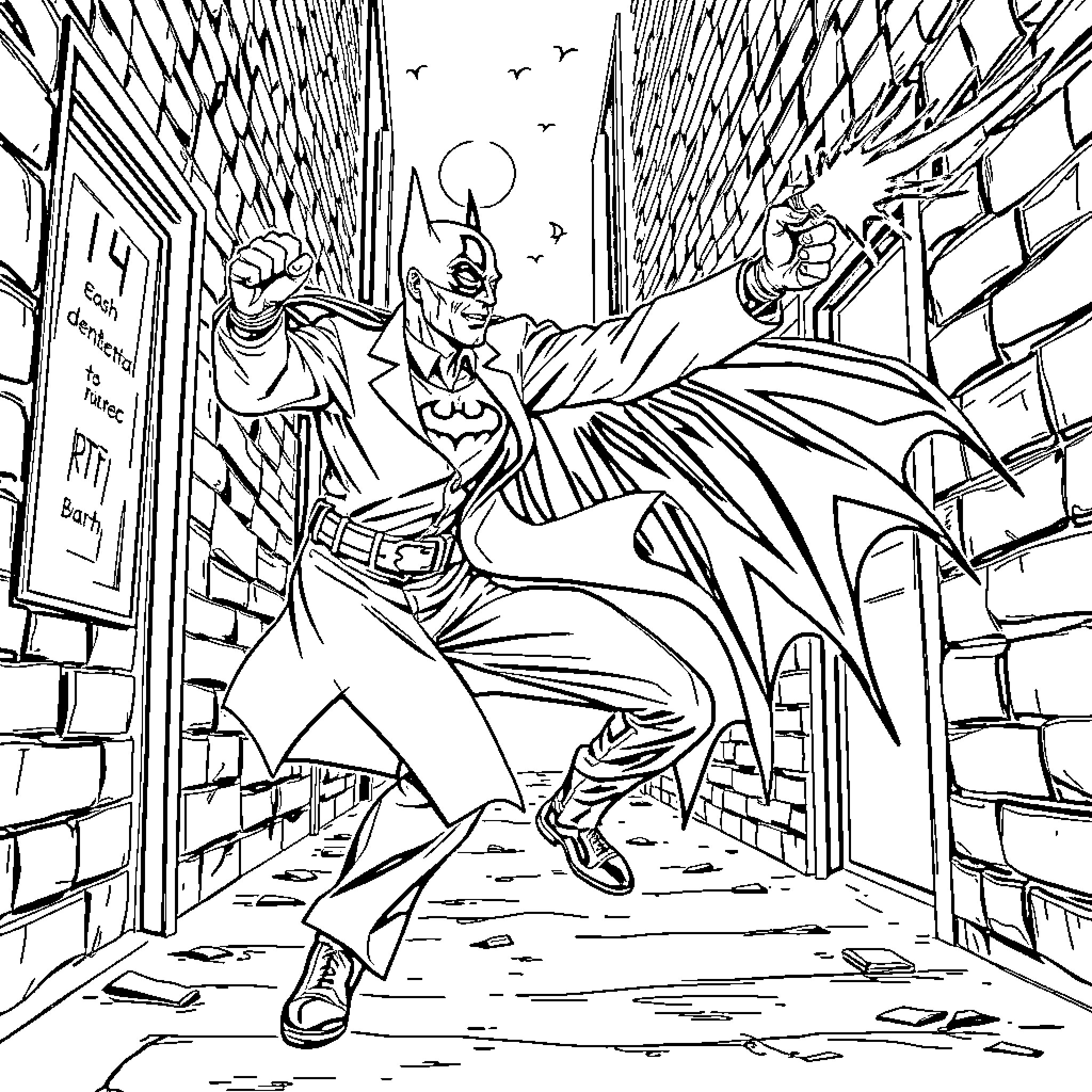 Dentist takes down a villain in the city Coloring Page (free black-and-white line drawing printable PDF for all, from beginners to advanced learners, including children, teens, adults, and seniors)