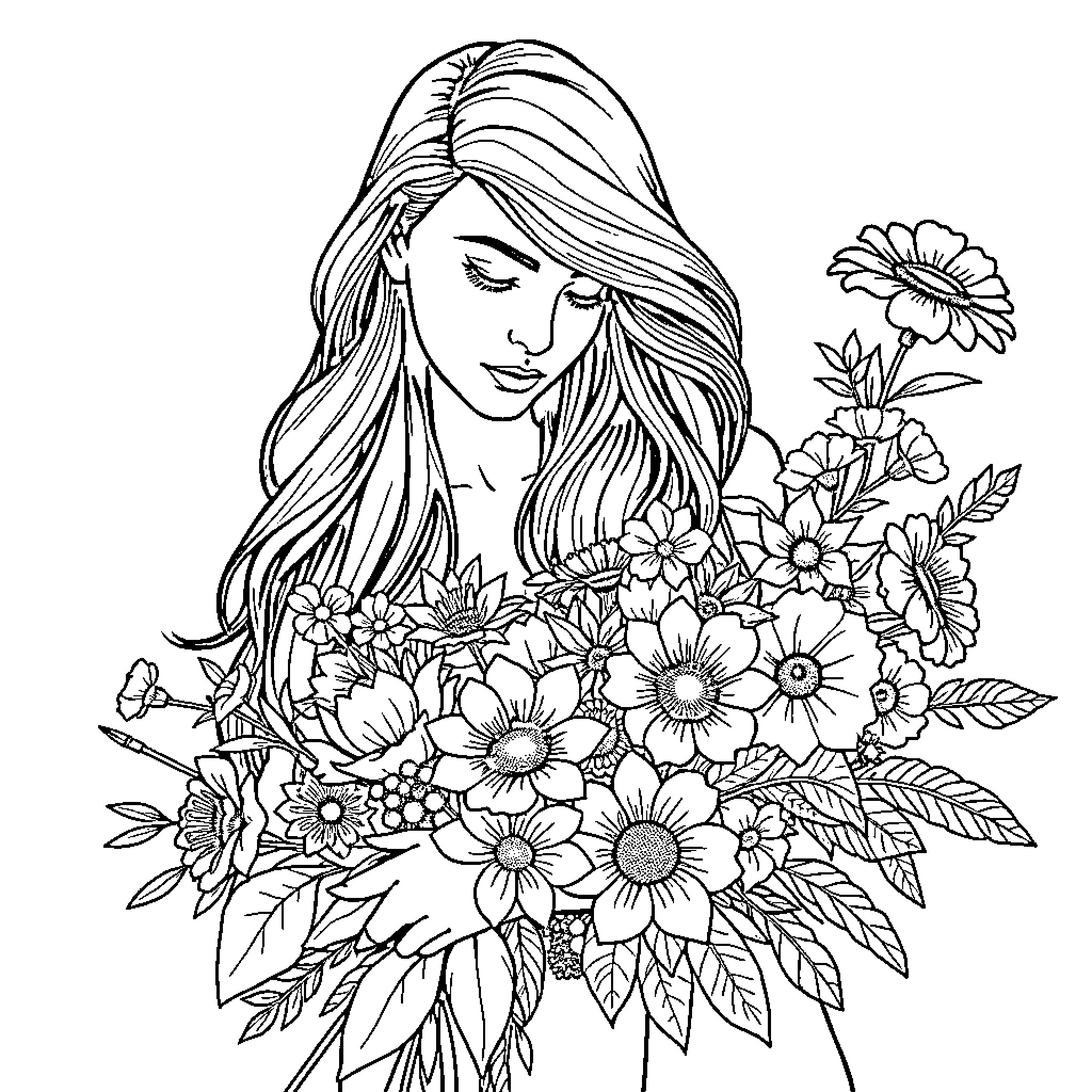Woman holding a bouquet of colorful flowers Coloring Page (free black-and-white line drawing printable PDF for all, from beginners to advanced learners, including children, teens, adults, and seniors)