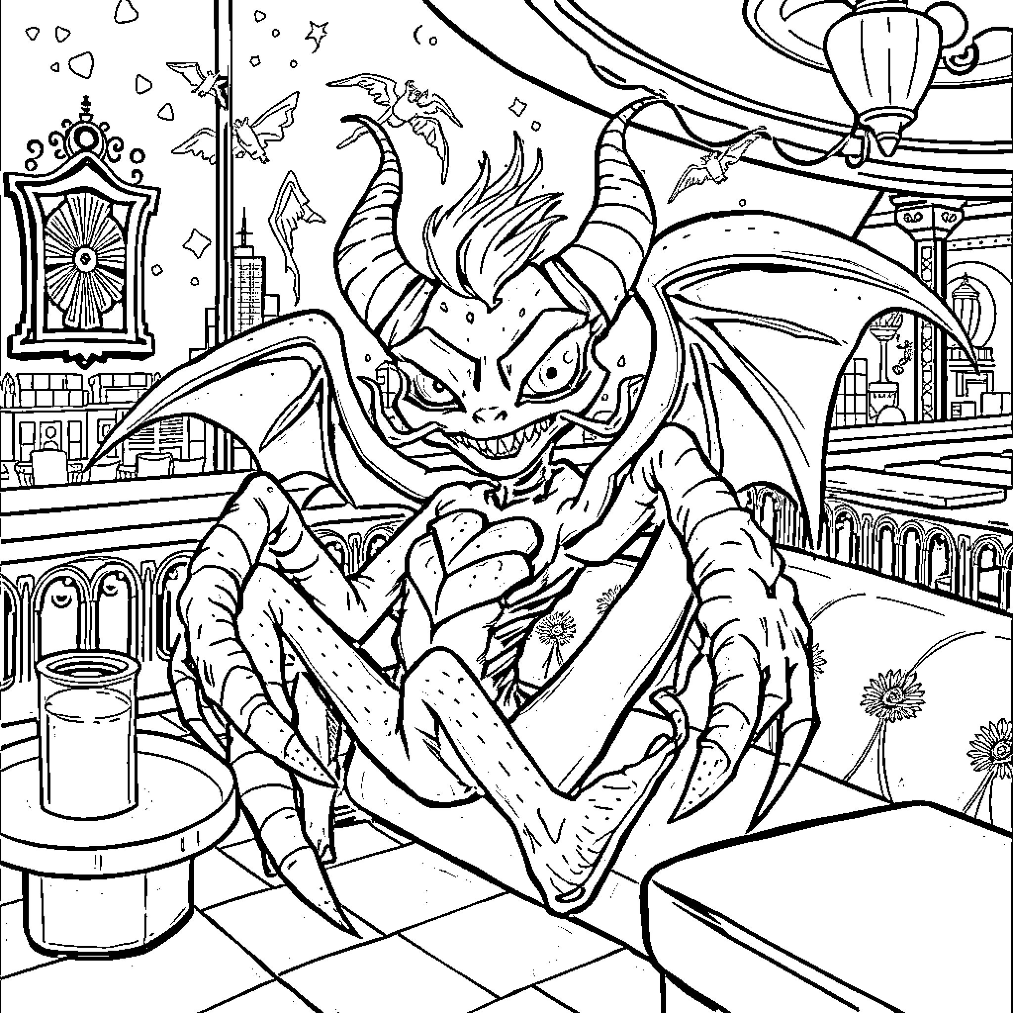 Angel Dust's Chaotic Carnival Antics Coloring Page (free black-and-white line drawing printable PDF for all, from beginners to advanced learners, including children, teens, adults, and seniors)