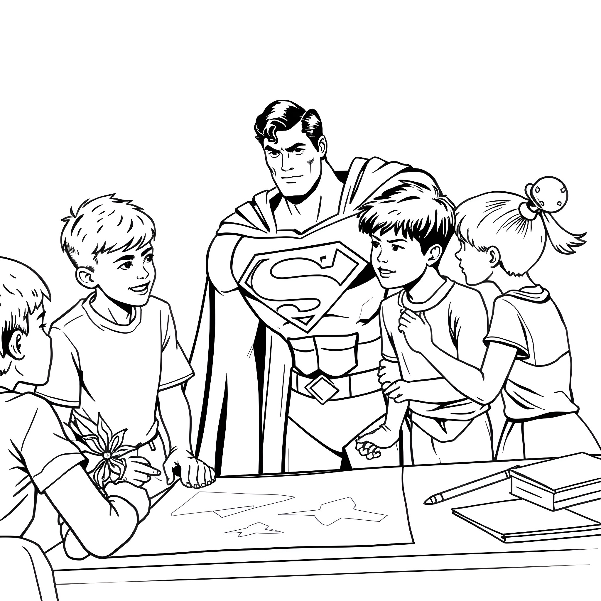 Superman helps children with their drawing Coloring Page (free black-and-white line drawing printable PDF for all, from beginners to advanced learners, including children, teens, adults, and seniors)