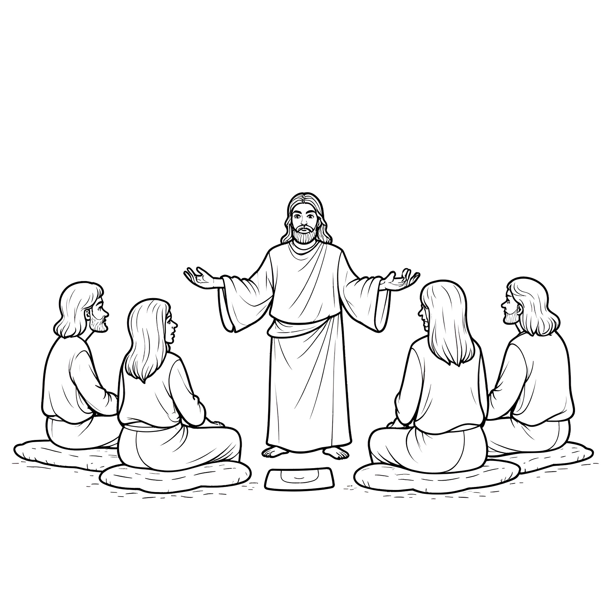 Jesus teaching his disciples with open arms Coloring Page (free black-and-white line drawing printable PDF for all, from beginners to advanced learners, including children, teens, adults, and seniors)