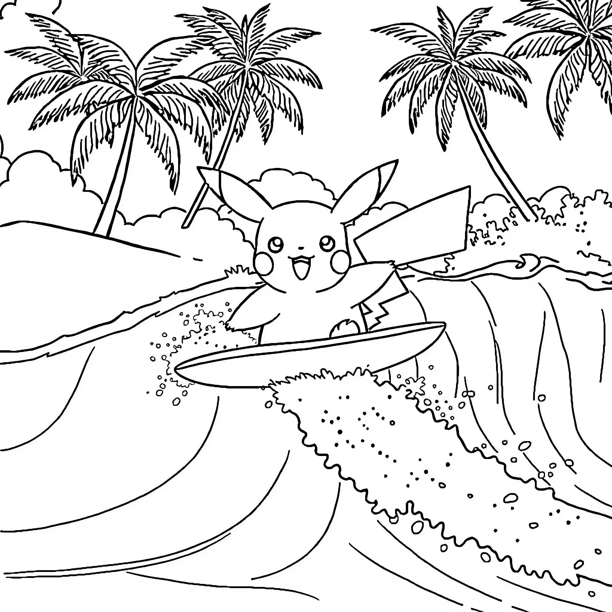 Pikachu surfing on a wave in a tropical paradise Coloring Page (free black-and-white line drawing printable PDF for all, from beginners to advanced learners, including children, teens, adults, and seniors)
