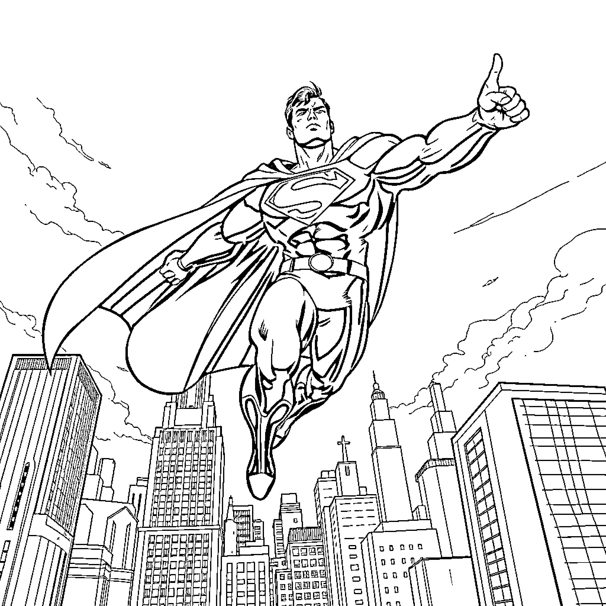 Superman soaring over the city skyline Coloring Page (free black-and-white line drawing printable PDF for all, from beginners to advanced learners, including children, teens, adults, and seniors)