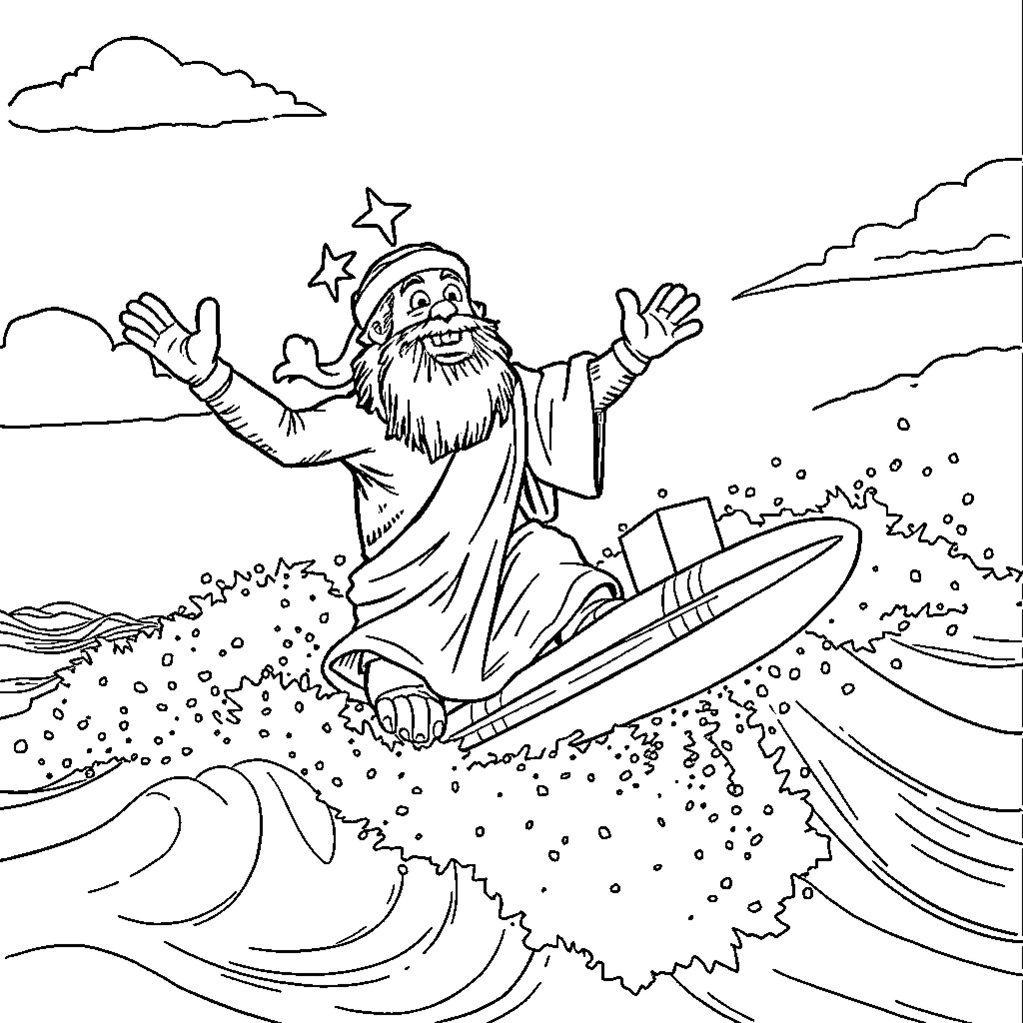 Golem surfs joyfully amidst the waves Coloring Page (free black-and-white line drawing printable PDF for all, from beginners to advanced learners, including children, teens, adults, and seniors)