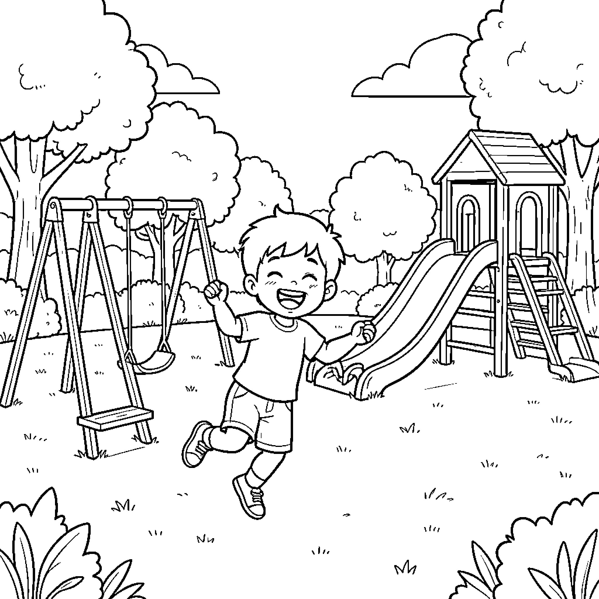 Child enjoying outdoor playground with swing and slide Coloring Page (free black-and-white line drawing printable PDF for all, from beginners to advanced learners, including children, teens, adults, and seniors)