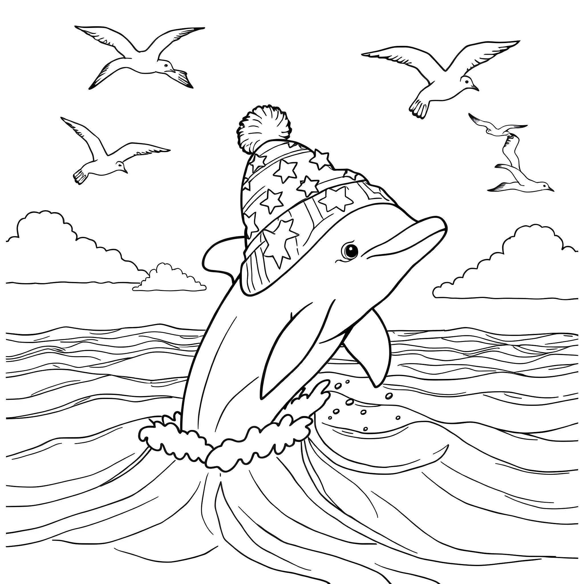 Dolphin in a Festive Hat Playing in the Waves Coloring Page (free black-and-white line drawing printable PDF for all, from beginners to advanced learners, including children, teens, adults, and seniors)