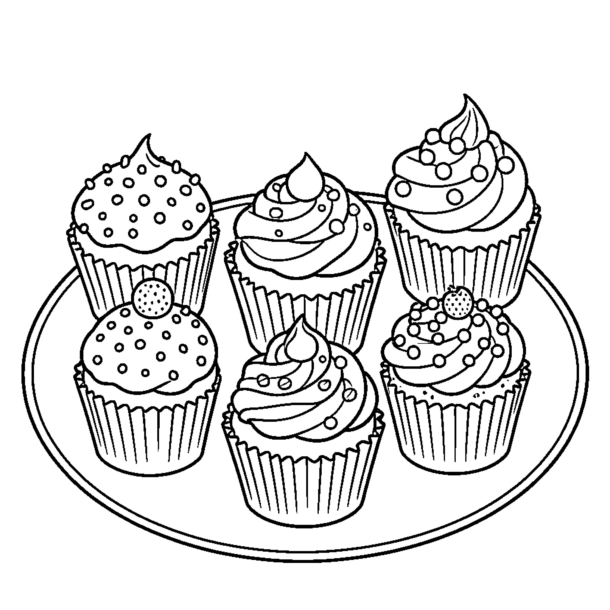 Cupcake assortment arranged neatly on a circular plate Coloring Page (free black-and-white line drawing printable PDF for all, from beginners to advanced learners, including children, teens, adults, and seniors)